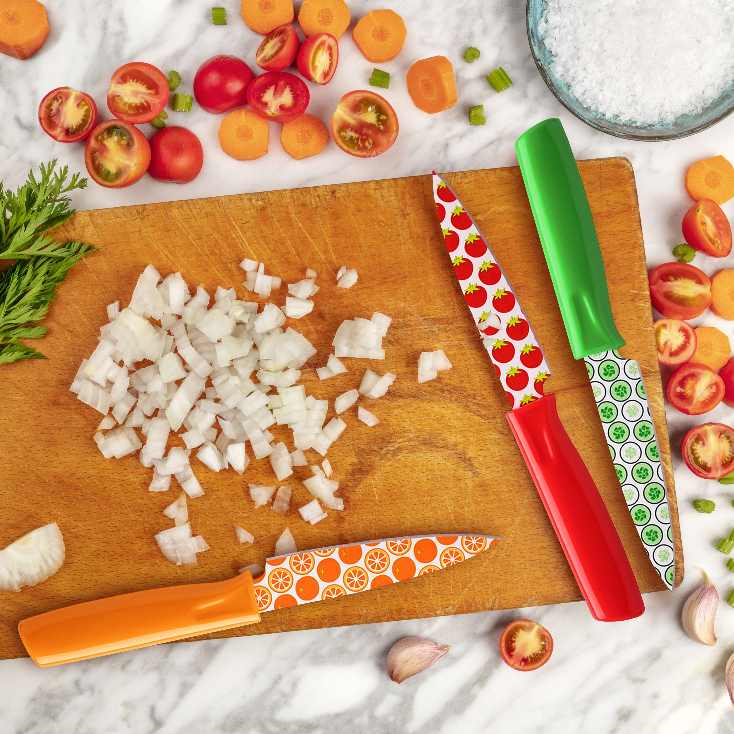 Premium Tomodachi Printed Fruit 3-Piece Paring Knife Set - Sharp Stainless Steel Kitchen Knives for Slicing Peeling & Decorating Fruits - Perfect for Home Cooking, Camping & Gift Giving