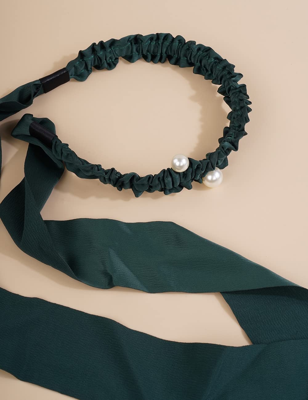 Jumwrit Pearl Headband with Long Ribbon - Elegant Big Bowknot Hair Band for Women & Girls - Non-Slip Elastic Headband in Solid Green - Perfect for Weddings, Parties, and Everyday Fashion Accessories