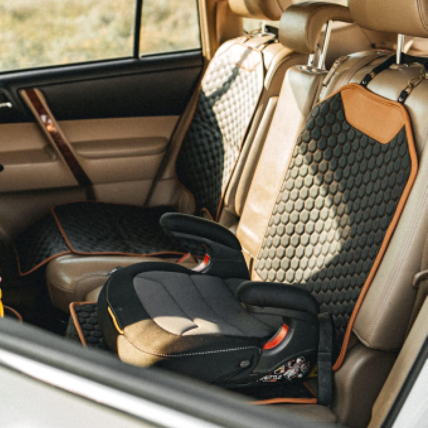 Premium Leather Car Seat Protector for Child Safety Seats - Waterproof & Scratch-Resistant Infant Car Seat Cover for Back Seat or Front Booster Seat | Protects from Dirt, Spills & Wear | Ideal for Family Travel, Daily Commutes & Road Trips (1pc, Hexy Design)