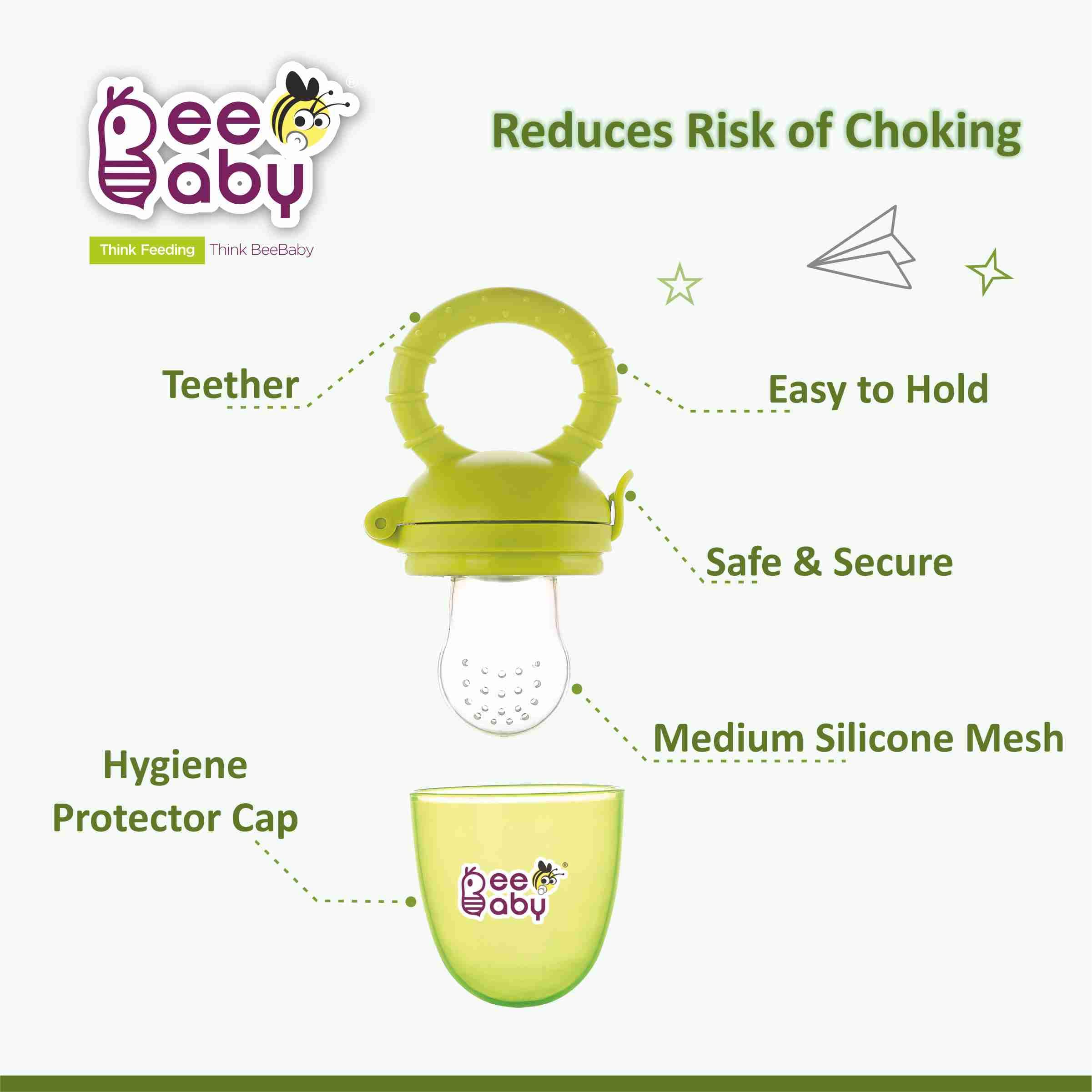BeeBaby Soft Silicone Baby Food Feeder with Extra Mesh - Safe Fruit Nibbler & Teether for Infants 3+ Months | 100% BPA Free | Anti-Choking Design | Perfect for Purees, Fruits & Teething Relief (Fruttino - Green)