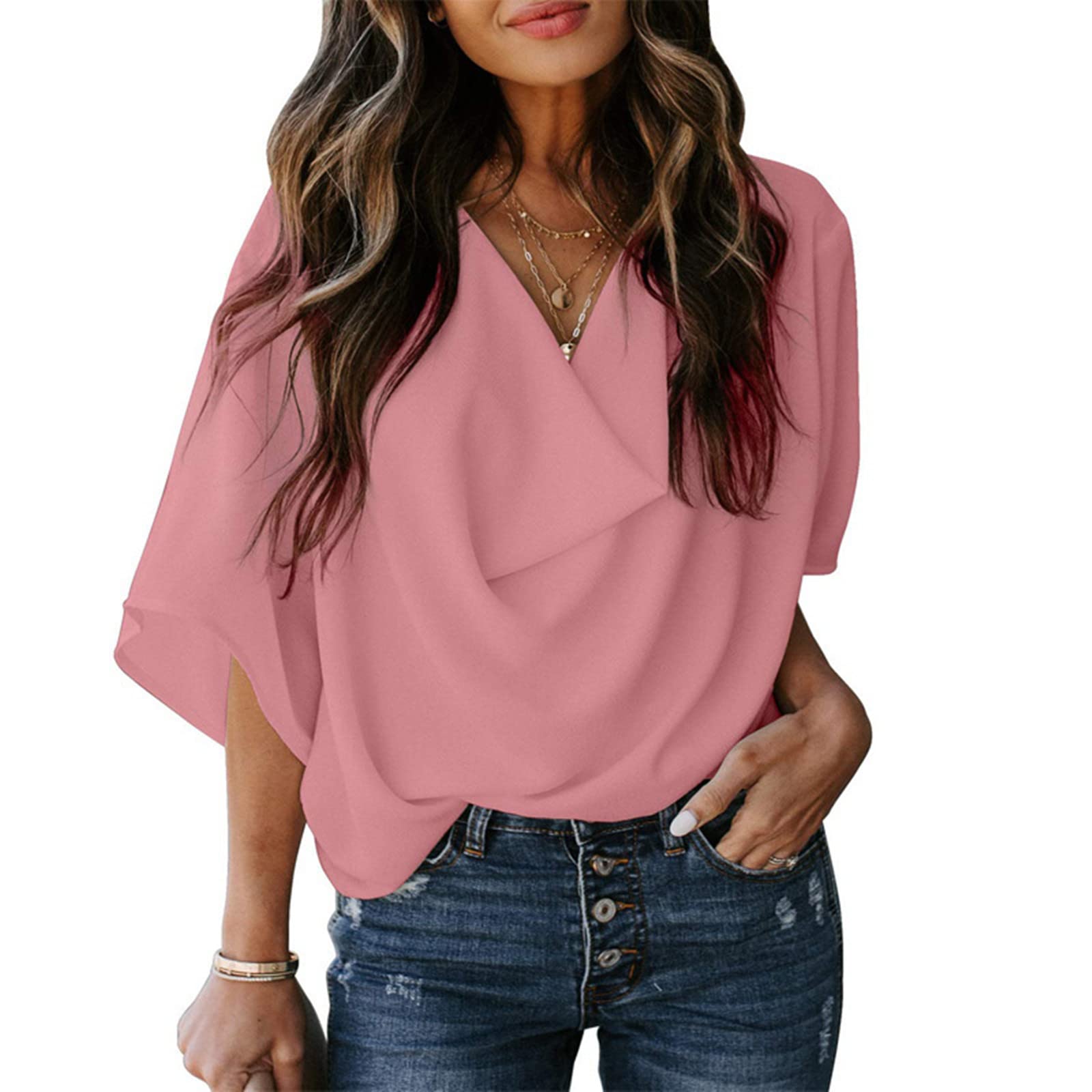 Women's Summer Casual V-Neck Short Sleeve Chiffon Blouses & Tops for Work | Lightweight Office Wear & Outdoor Summer Outfits