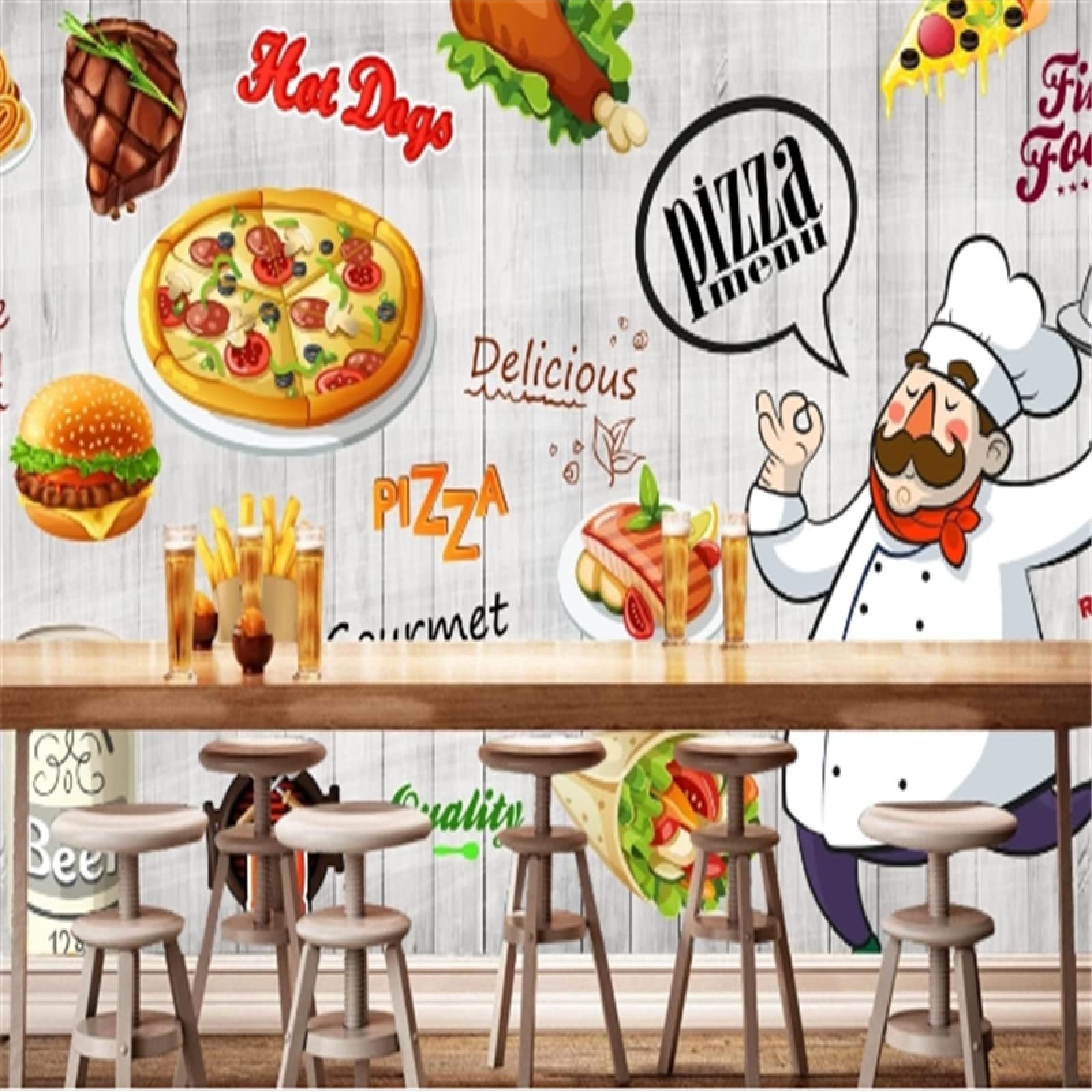 3D Wooden Wall Background Wallpaper - Burger Pizza Hot Dogs Fast Food Theme for Restaurant & Snack Bar Decor (250x175 cm) - Perfect for Diner, Cafe, and Food Truck Interior Design