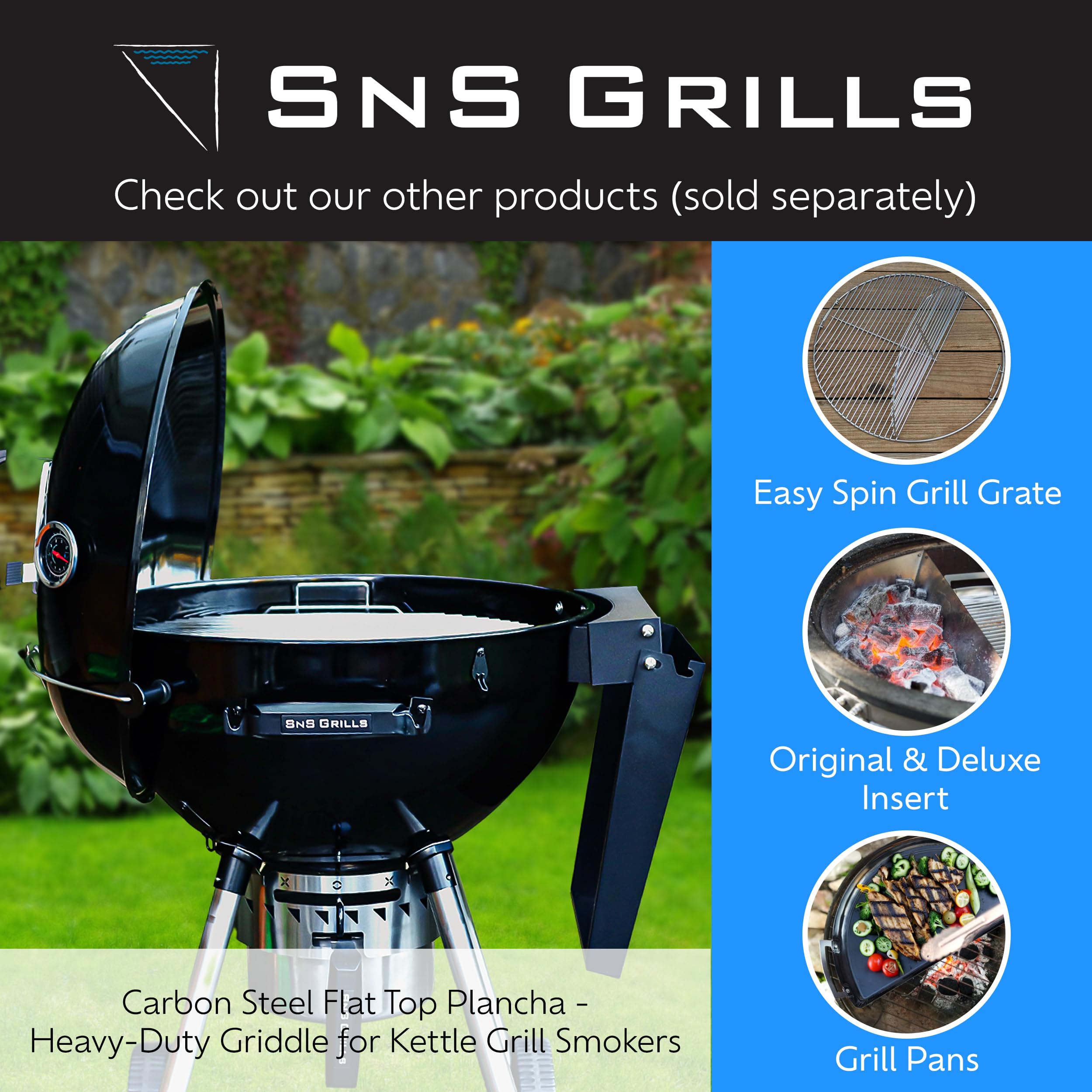 SnS Grills Slow 'N Sear Carbon Steel Flat Top Griddle - Rotating Durable Griddle for 22