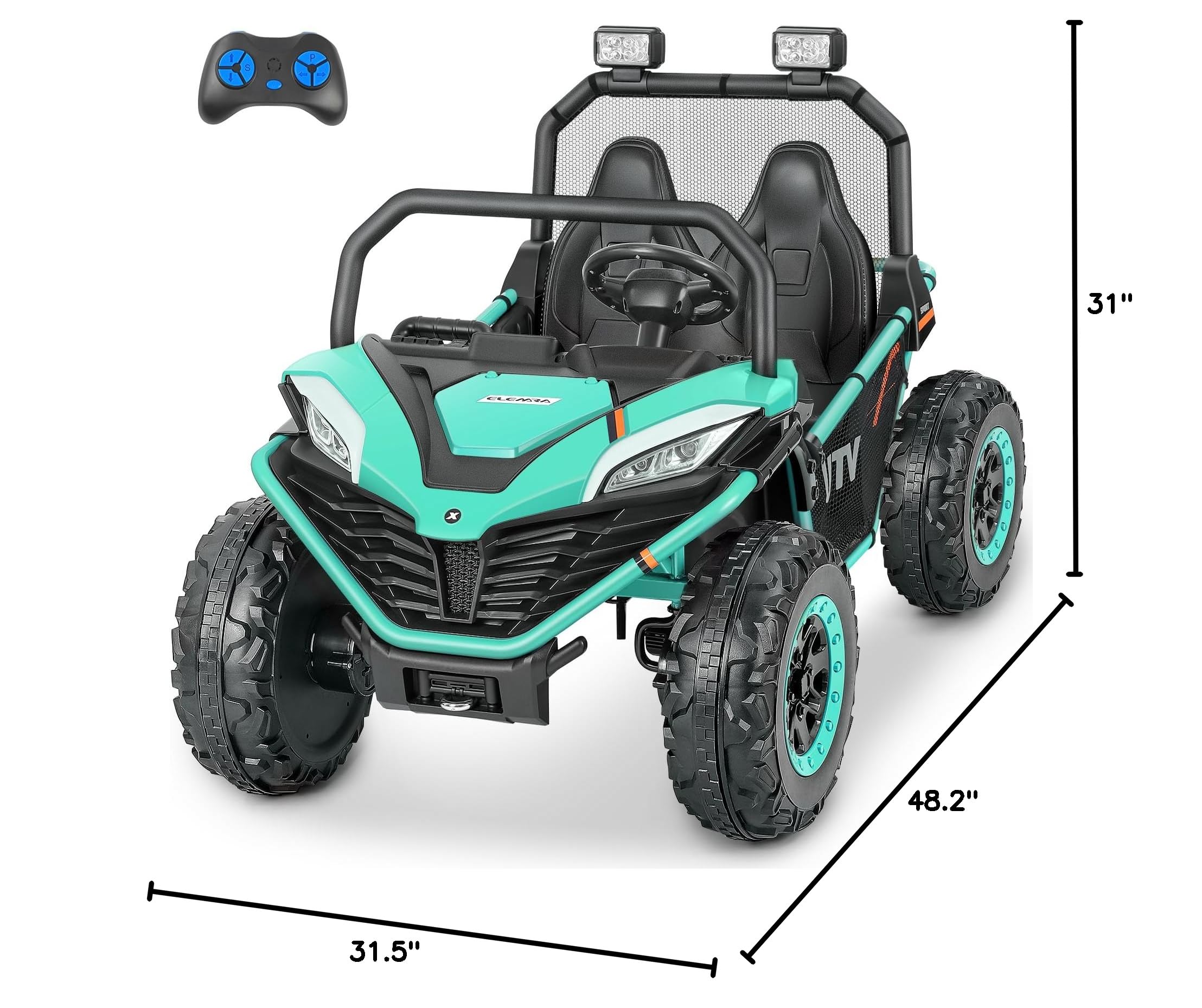 ELEMARA 24V 10AH 2 Seater Kids Electric Ride On Car - 4WD UTV Toy Truck with Remote Control, Bluetooth, LED Lights & 3 Speed Settings | Spring Suspension, Soft Seats & Storage Compartment | Perfect for Outdoor Play, Birthday Gifts & Family Fun (Green)