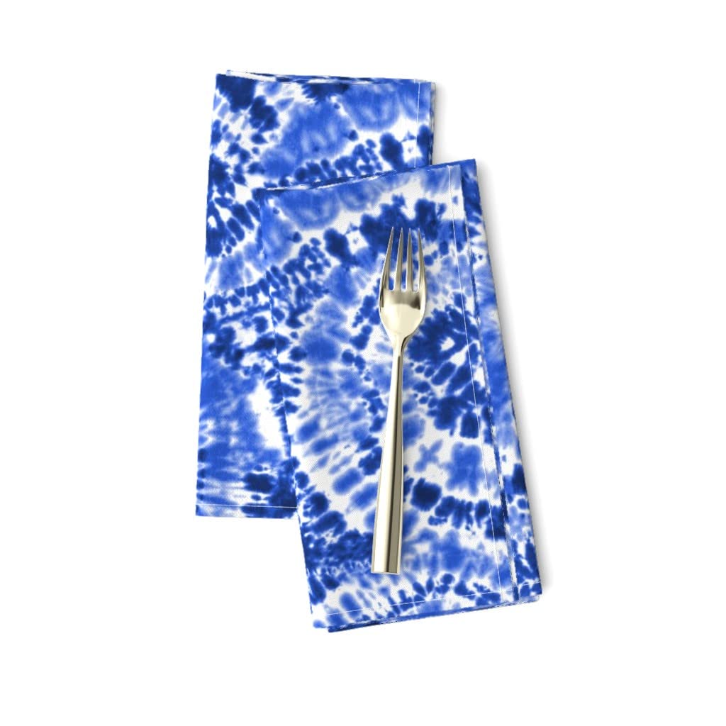 Premium Linen Cotton Canvas Dinner Napkins Set of 2 - Blue Tie Dye Swirl July 4th Independence Day Print - Reusable Cloth Napkins for Holiday Parties, Picnics & Formal Dining