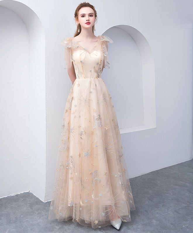 Elegant Champagne Tulle Long Prom Dress for Women - Formal Evening Gown for Homecoming, Ball & Special Occasions