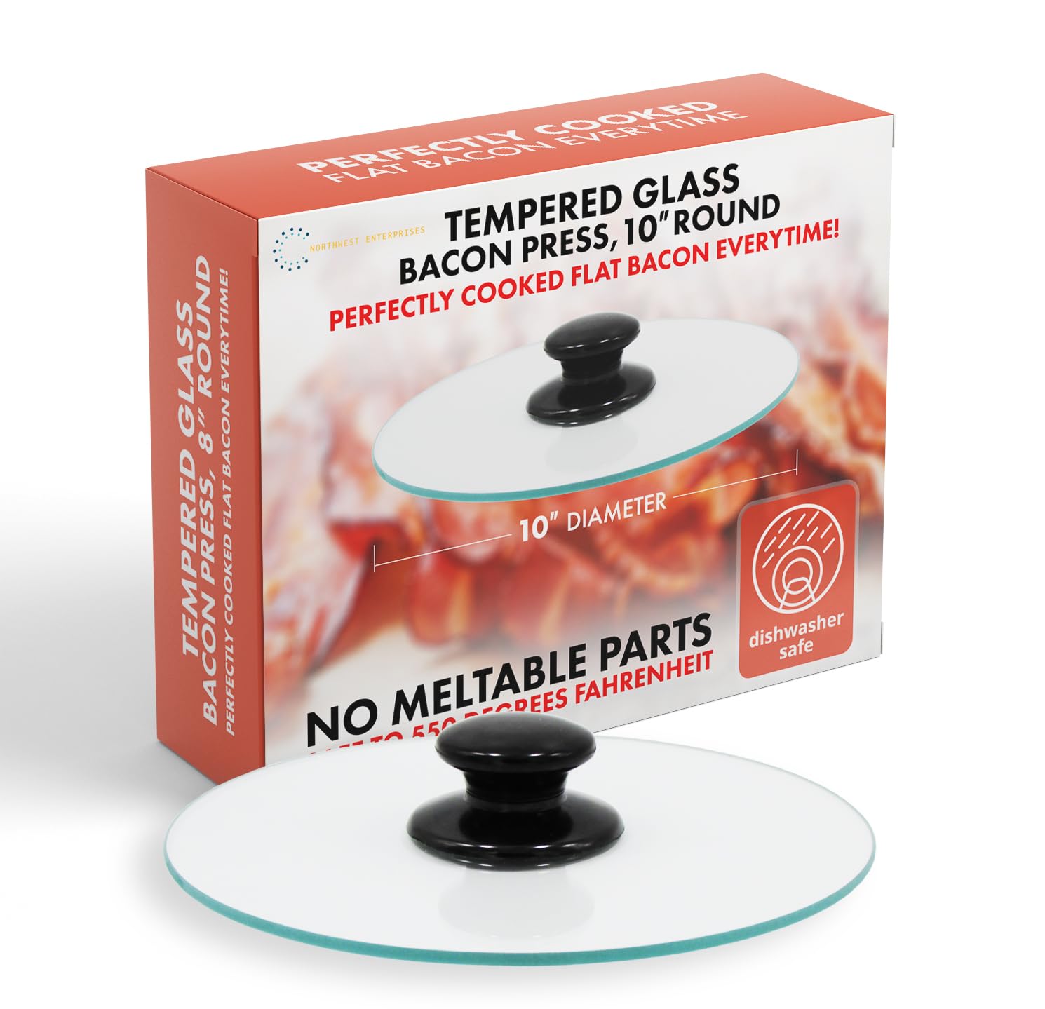 10 Inch Round Tempered Glass Bacon Press & Splatter Shield by Northwest Enterprises - Perfectly Cooked Flat Bacon Every Time for Breakfast, Burgers & Sandwiches