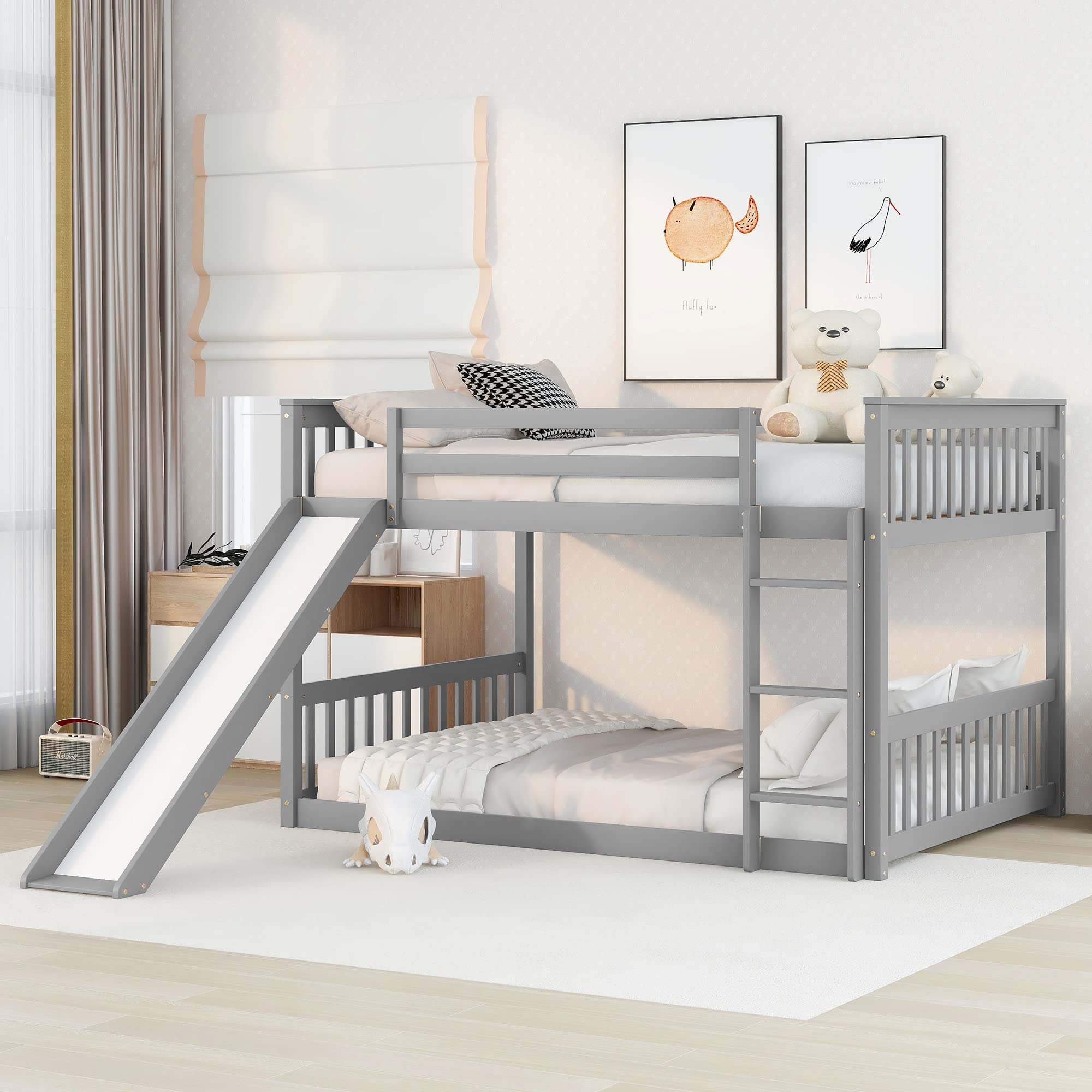 SOFTSEA Full Over Full Bunk Bed with Slide & Ladder - Low Profile Kids Bunk Bed with Safety Guardrails - Solid Wood Frame Twin Bunk Bed in Gray - Perfect for Small Bedrooms, Kids' Rooms & Sleepovers