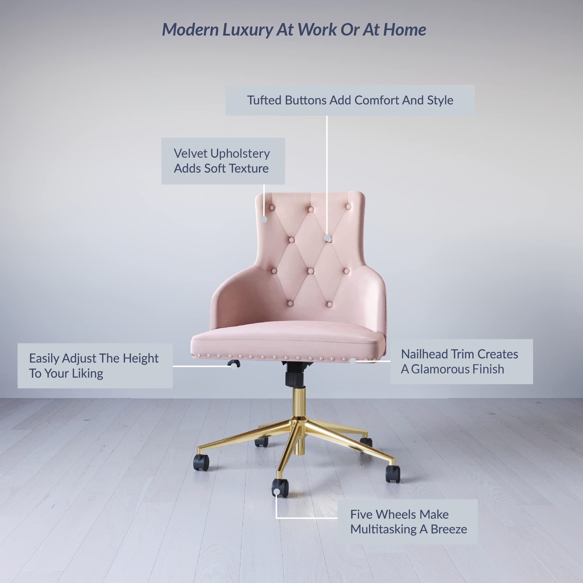BELLEZE Modern Velvet Desk Chair - Adjustable Height Swivel Office Chair with Wheels & Tufted Upholstered Seat for Home Office, Bedroom Vanity or Gaming Setup - Pink (Belden Collection)