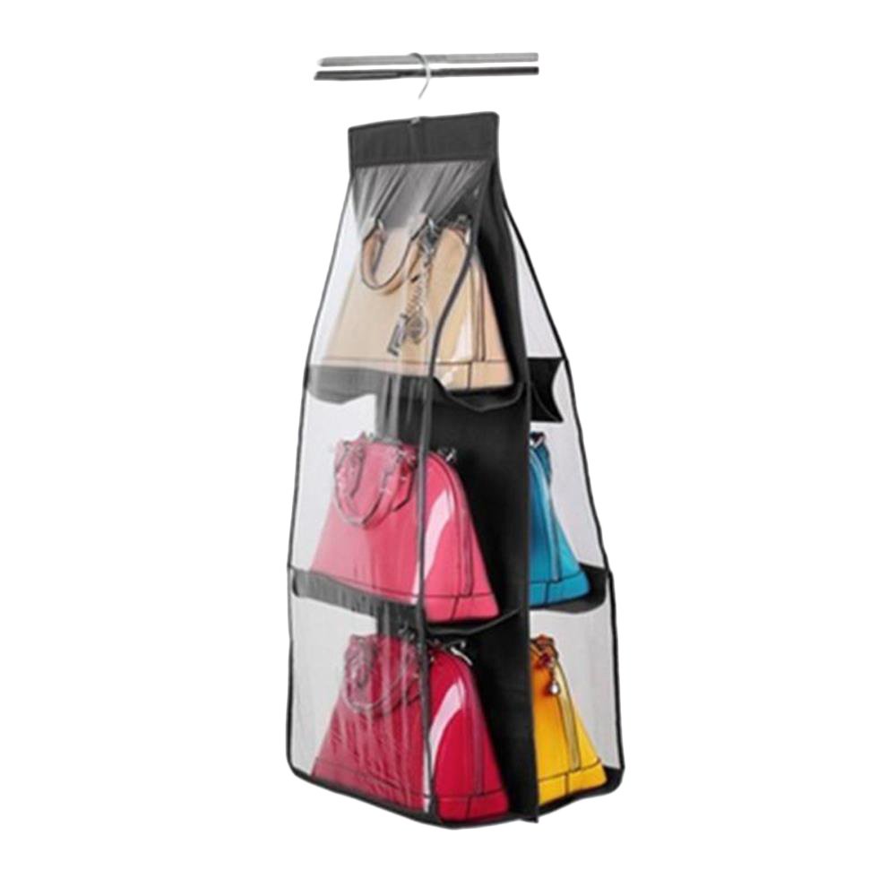 6-Pocket Clear Handbag Storage Organizer with Anti-Dust Cover - Large Hanging Closet Rack for Purses & Shoulder Bags - Space Saving Closet Accessory (Black) | Perfect for Bedroom, Closet & Travel Organization
