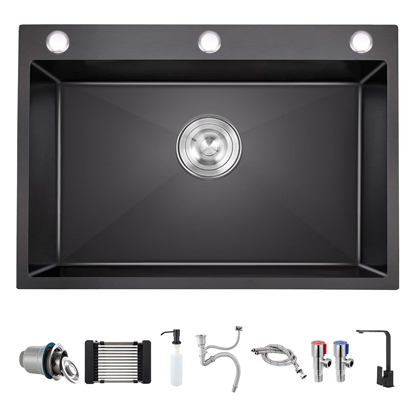 Undermount Single Bowl Kitchen Sink with Faucet - 304 Stainless Steel, Large Capacity, Black Nano Coating - Durable & Spacious for Home Kitchen, Perfect for Washing Dishes, Prepping Food & Multi-Tasking