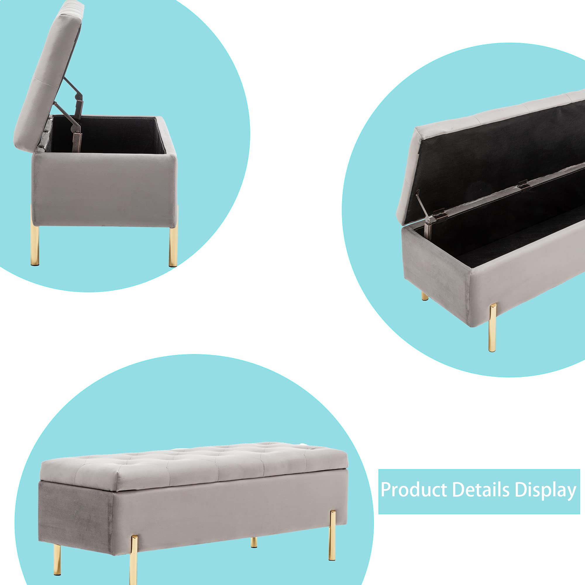 Velvet Upholstered Storage Bench with Metal Legs - Entryway, Bedroom & Living Room Bench - Gray Ottoman for Shoes, Blankets & Home Decor