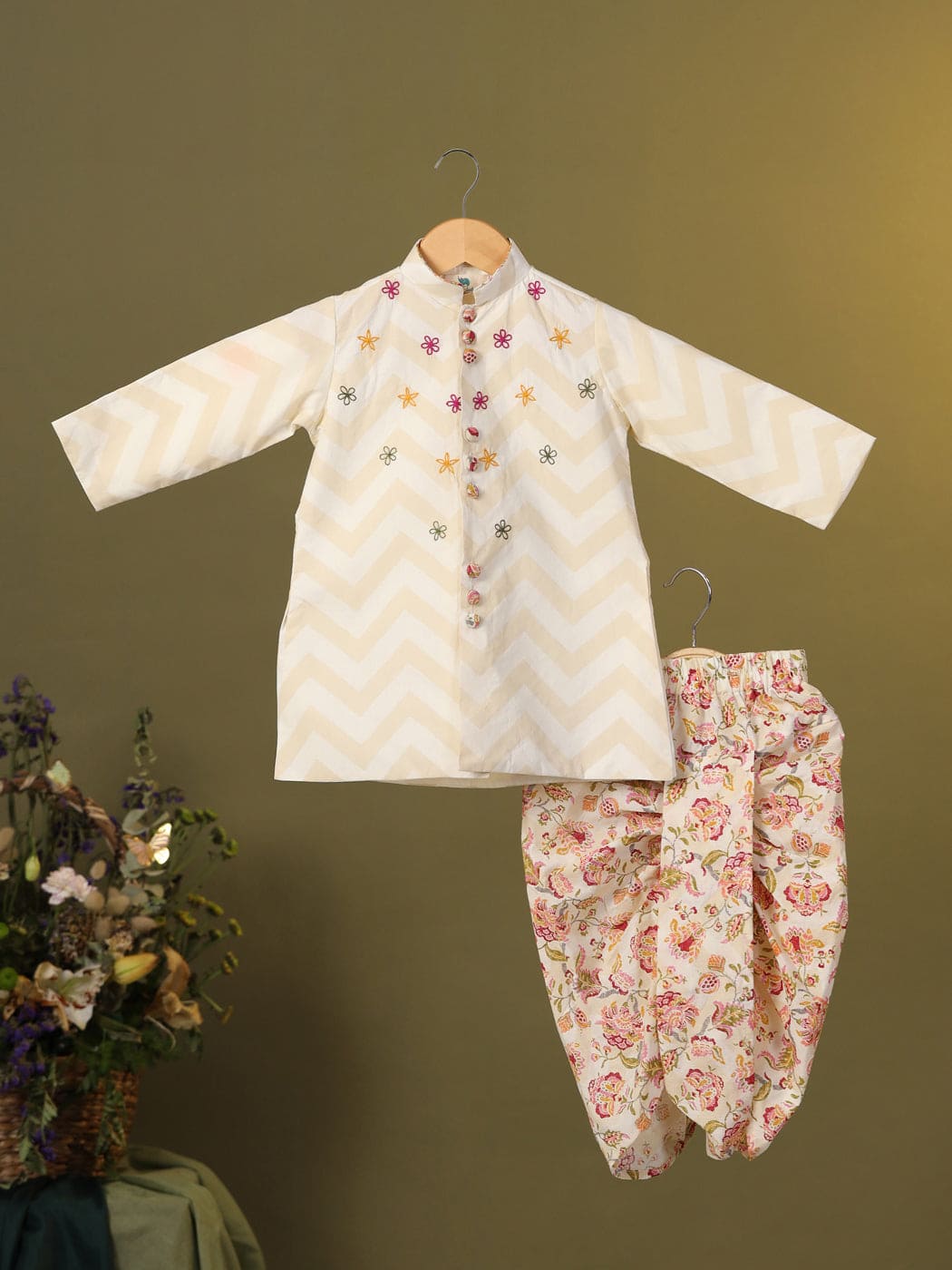 Pre Order Boys Embroidered Dhoti Set - Beige Ethnic Outfit for Festivals, Weddings & Cultural Events
