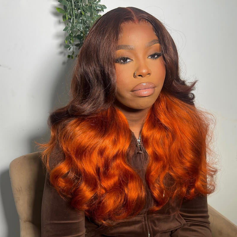 Eullair Ombre Brown Ginger Orange Body Wave Human Hair Wig with Transparent Lace Frontal - Natural Looking Wigs for Women | Perfect for Daily Wear, Cosplay & Special Occasions