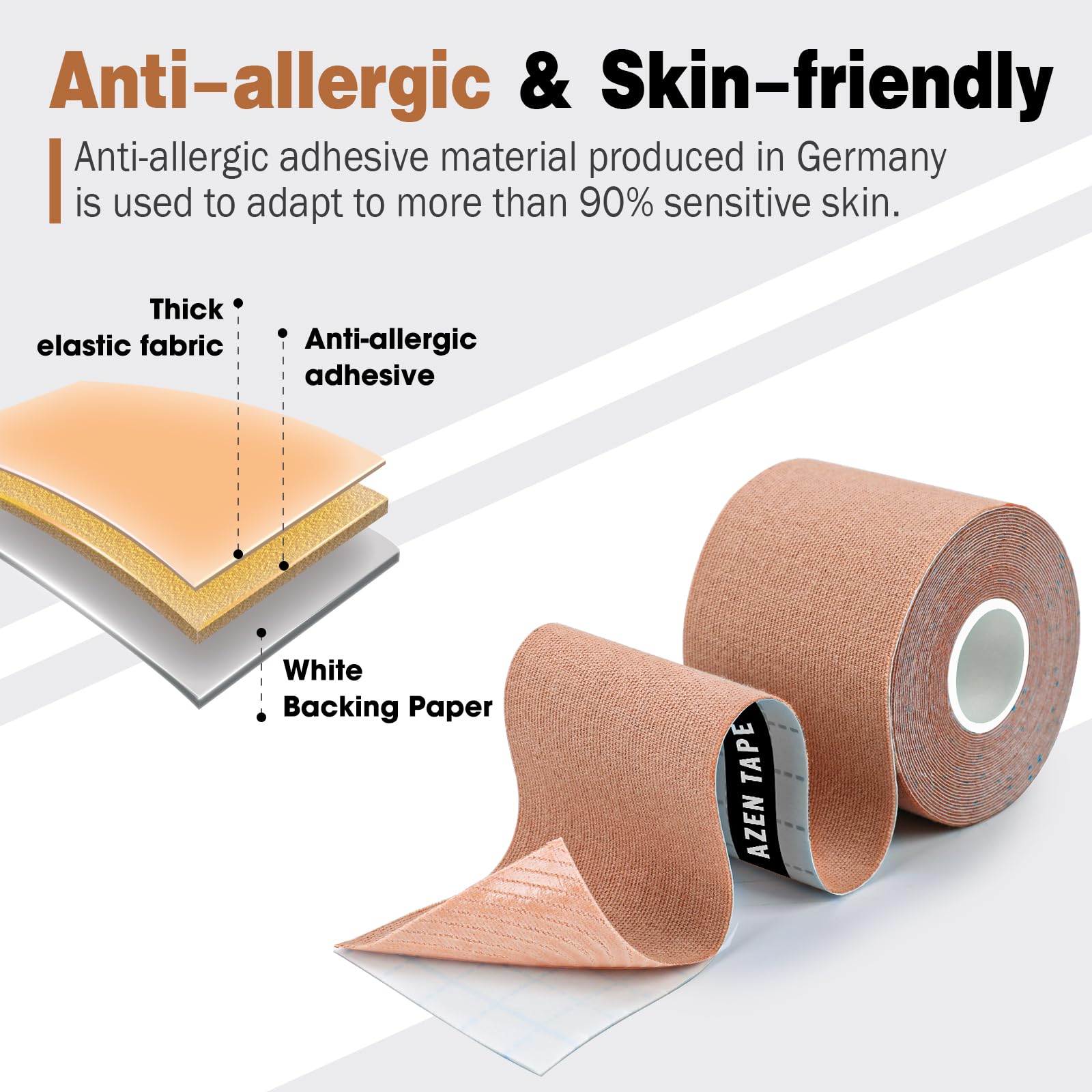 AZEN 3 Rolls Kinesiology Tape - 16.4 ft Waterproof Athletic Tape for Knee & Joint Support, Muscle Pain Relief - Uncut Elastic Sports Tape for Athletes, Runners, Gym Workouts & Physical Therapy