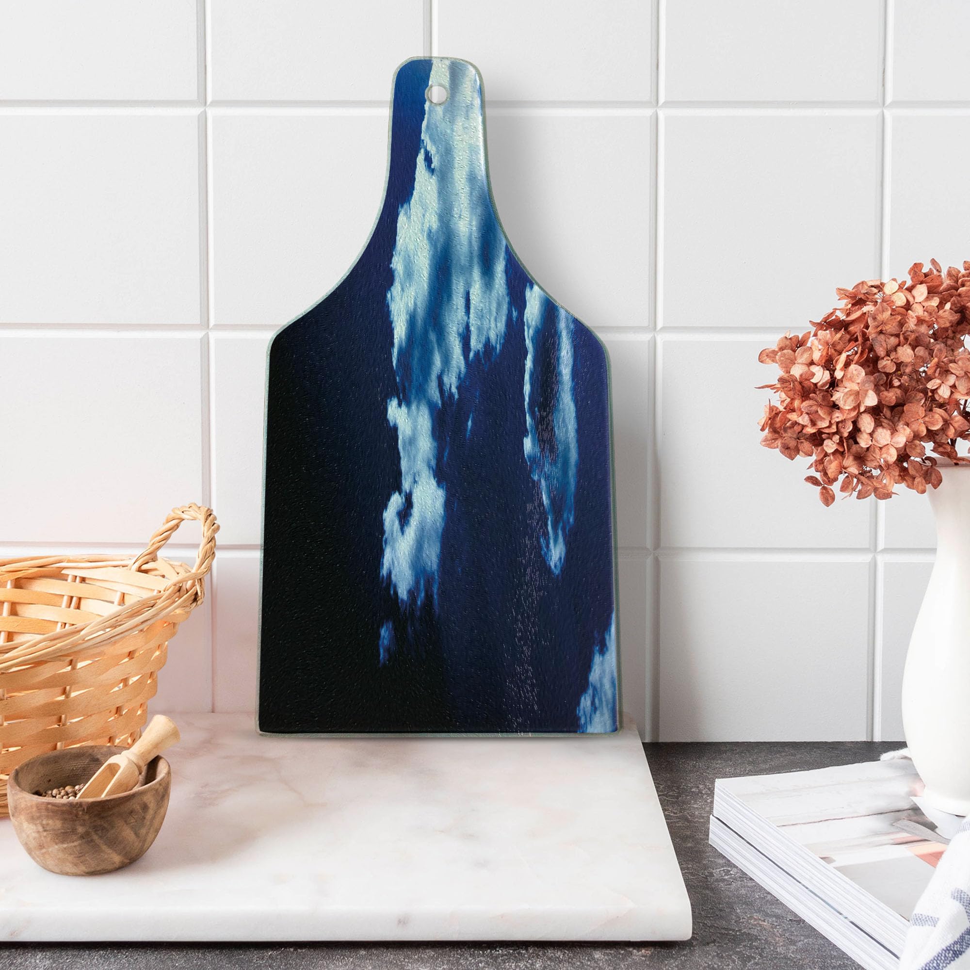 Ambesonne Dark Blue Tempered Glass Cutting Board - Sky & Dramatic Clouds Sunset Sunrise Design - Decorative Serving Board for Kitchen & Dining - Wine Bottle Shape - Blue, Dark Blue & White - Perfect for Cheese Platters, Charcuterie Boards & Wine Pairings