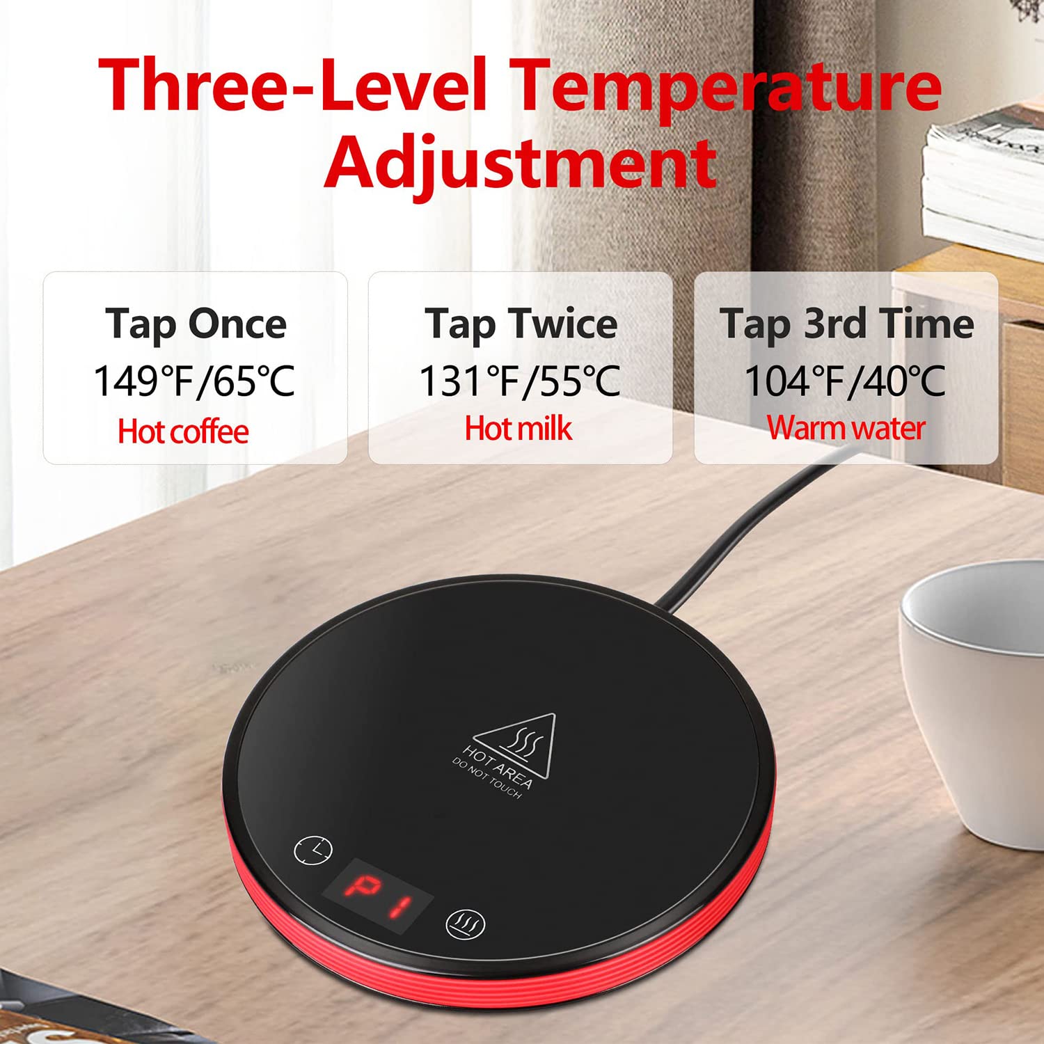 Smart Coffee Warmer for Desk - 8 Hours Auto Shut-Off, 3 Adjustable Temperature Settings, 1-12 Hour Timer - Electric Mug Warmer for Coffee & Tea (Red) - Perfect for Office, Home & Dorm Use
