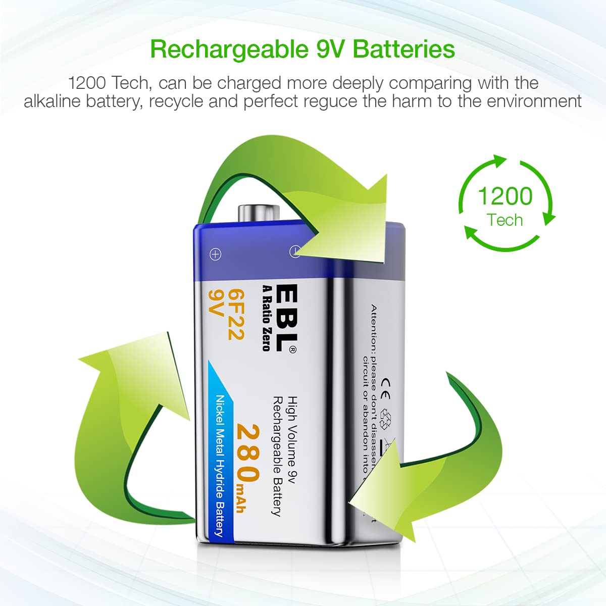 EBL 9V Rechargeable NiMH Batteries 280mAh - 4 Pack for Smoke Alarms, Detectors & Home Safety Devices | Long-Lasting Power for Emergency Use