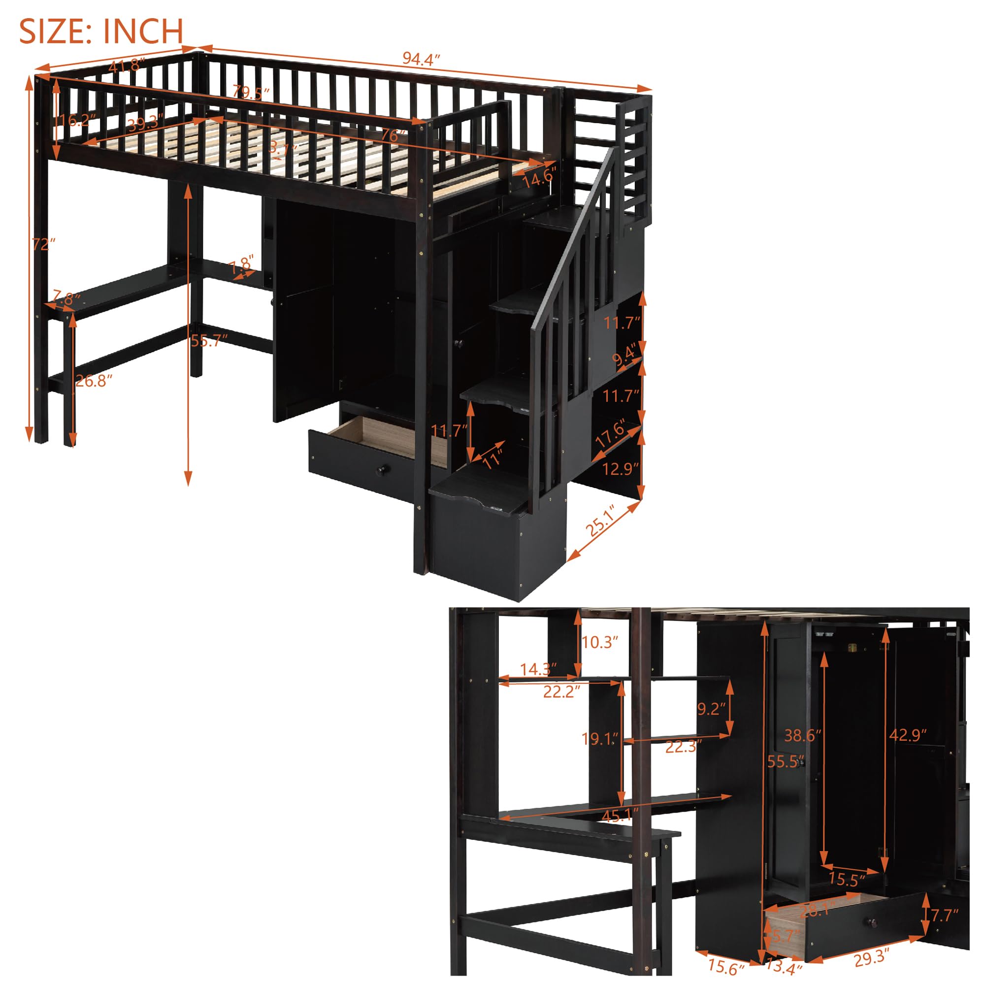 Harper & Bright Designs Twin Loft Bed with Stairs - Solid Wood Loft Bed Frame with Wardrobe, Desk, Bookshelf & Storage Drawers in Espresso | Perfect for Kids' Bedroom, Dorm Room & Small Space Organization