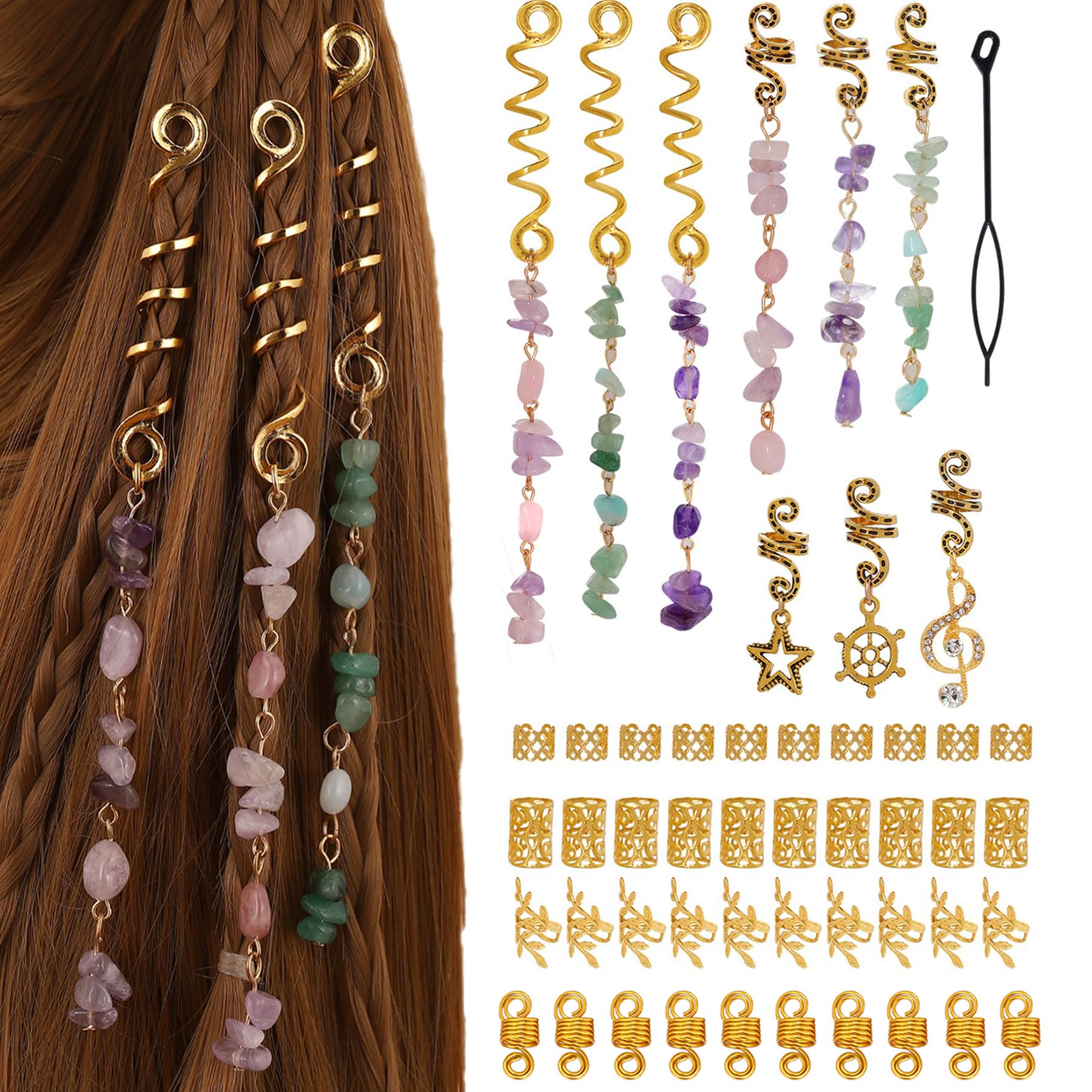 50 Pcs Women's Hair Accessories Set - Gold Metal Charms, Stone Beads & Clips for Braids, Dreadlocks & Hairstyle Decoration | Perfect for Parties, Weddings & Everyday Fashion Accessories