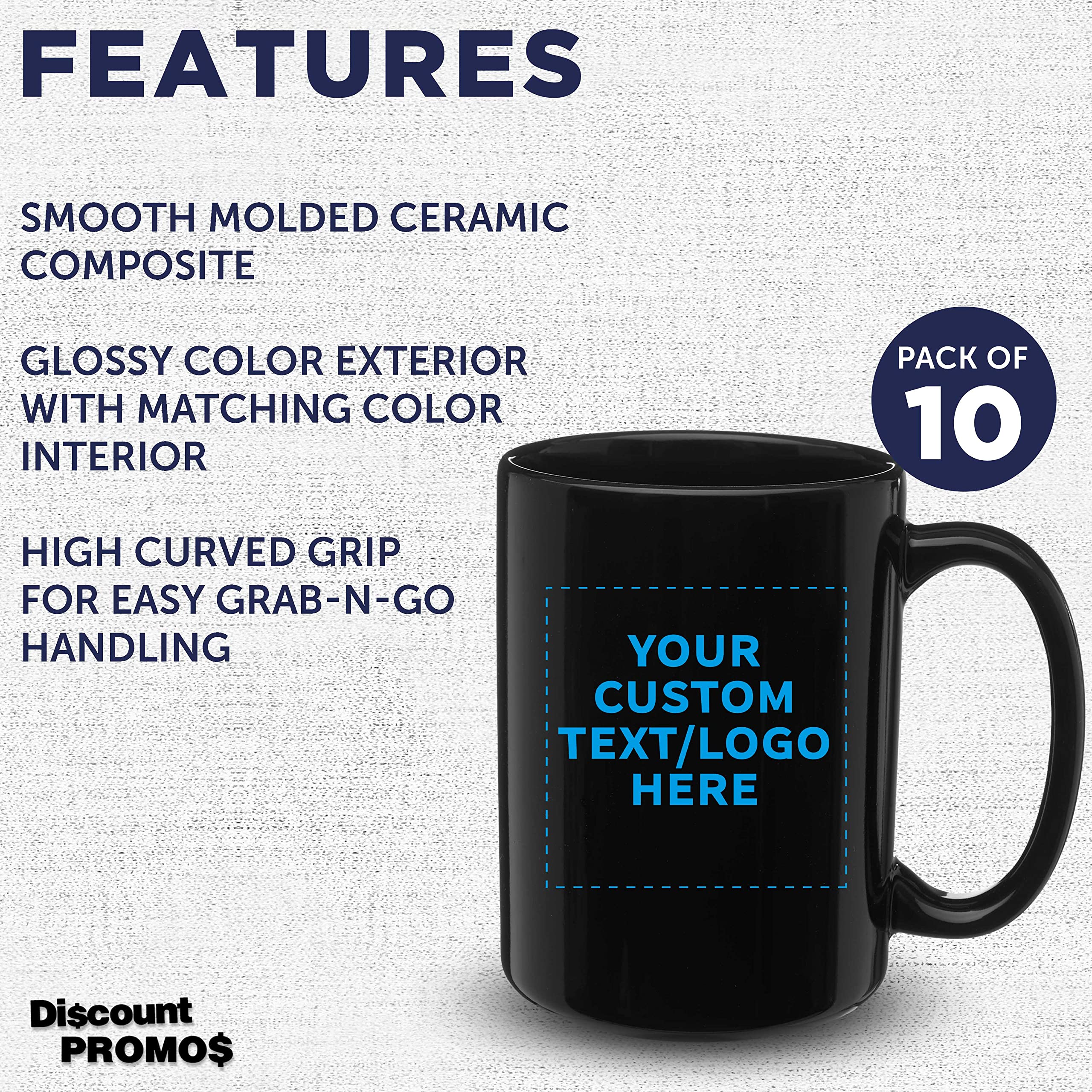 Personalized 15 oz Large Ceramic Coffee Mugs - Bulk Set of 10 Custom Black Mugs for Coffee, Tea, Hot Cocoa - Perfect for Office, Restaurant, Cafe & Gift Giving