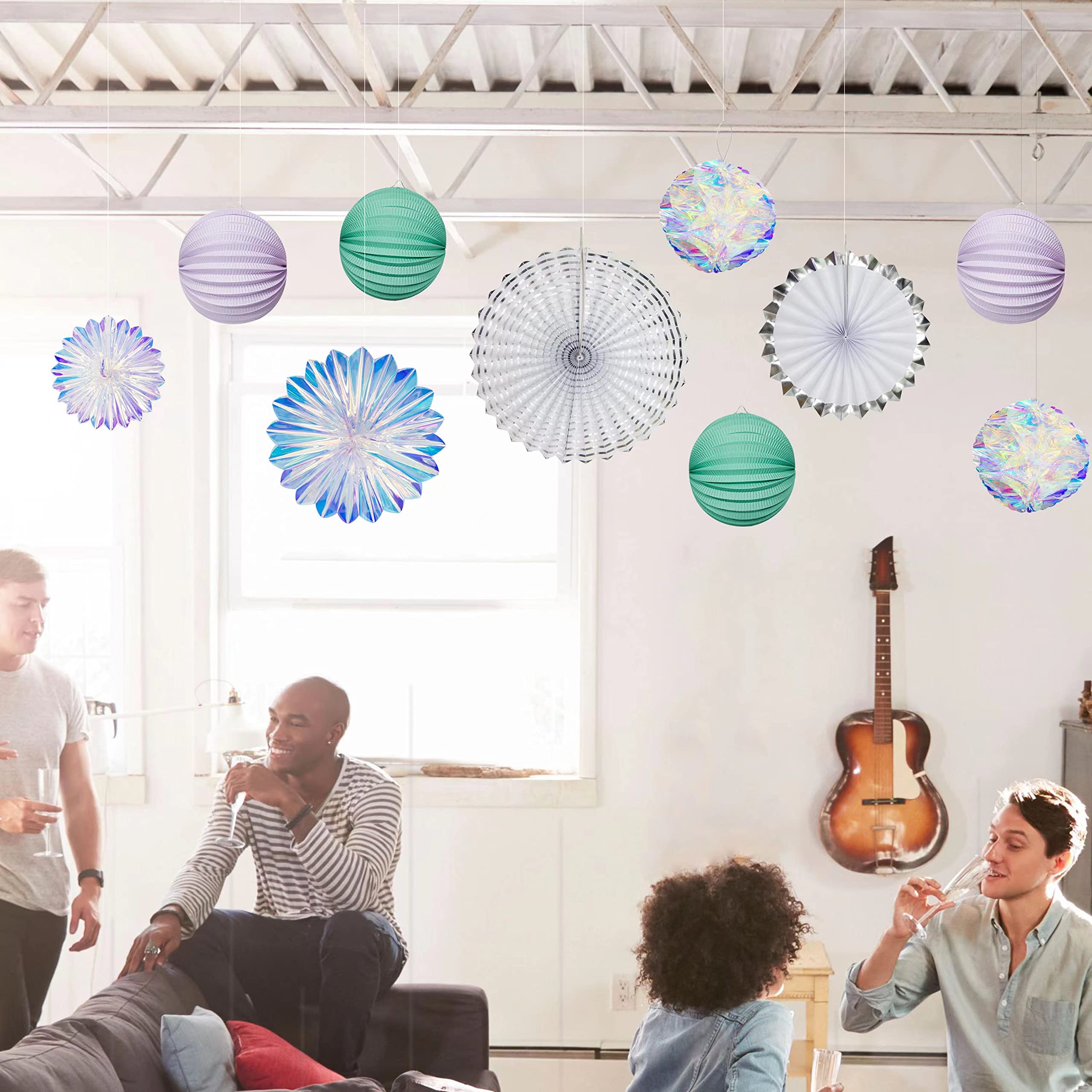 Cheerland Iridescent Holographic Party Decorations Set - Disco Ball Birthday Wedding Baby Shower Decorations - Hanging Paper Fans & Pompom Decor for Anniversary Bridal Shower Party Supplies (Perfect for Dance Parties, Photo Backdrops & Festive Events)
