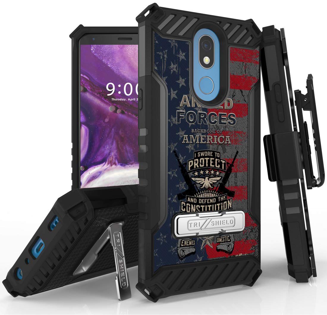 Patriotic Series Tri-Shield Rugged Case with Metal Kickstand & Belt Clip Holster for LG Harmony 3 | LG K40 | LG Solo LTE (LMX420, L423DL, X420) - Military Design Protection for Everyday Use & Outdoor Activities
