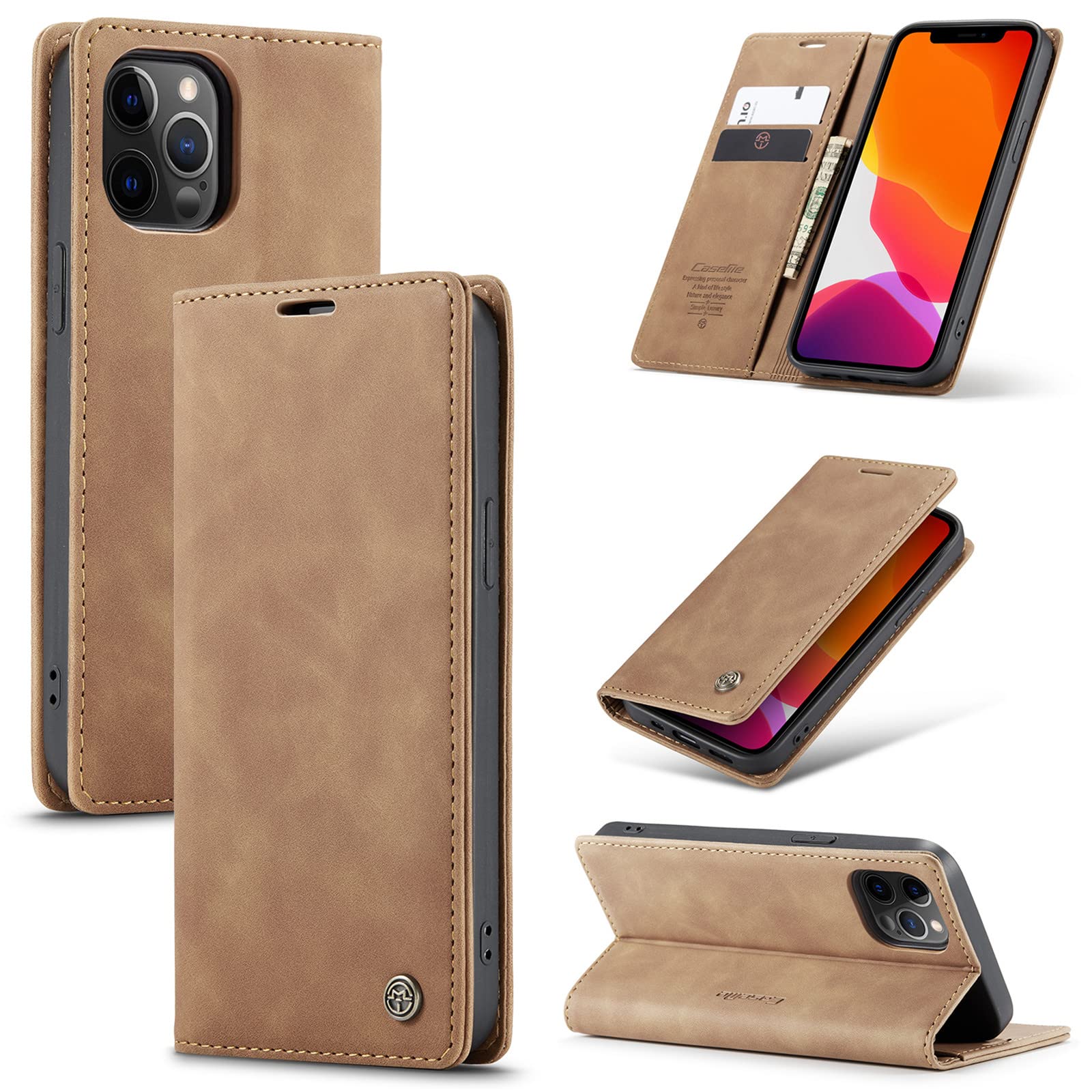 XYX Matte Texture Retro PU Leather Wallet Case with Magnetic Kickstand & Card Slots - Compatible with iPhone 12/iPhone 12 Pro (Brown) | Slim Protective Phone Cover for Everyday Use, Travel & Business Meetings