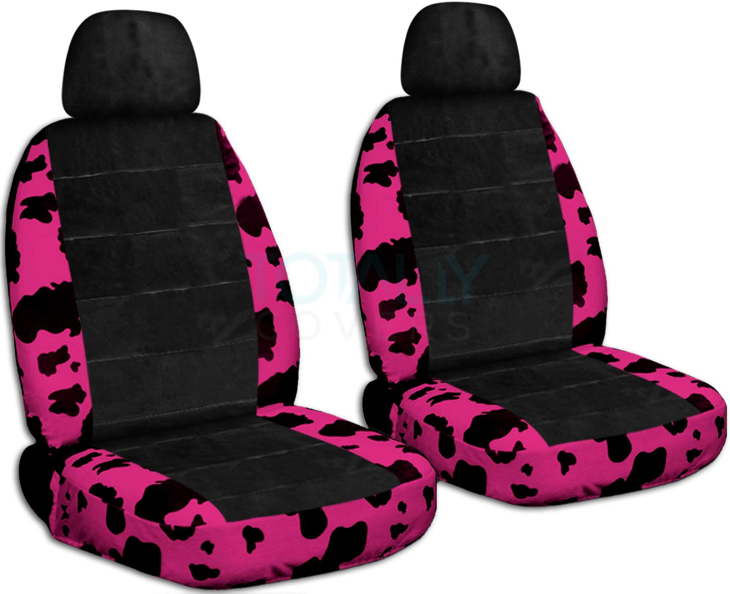 Universal Fit Pink-Black Cow Print Car Seat Covers for Front Bucket Seats - Animal Design with 2 Separate Headrests - Airbag, Seat Belt, Armrest & Release Lever Compatible (30 Prints Available) - Perfect for Pet Owners & Stylish Car Interiors