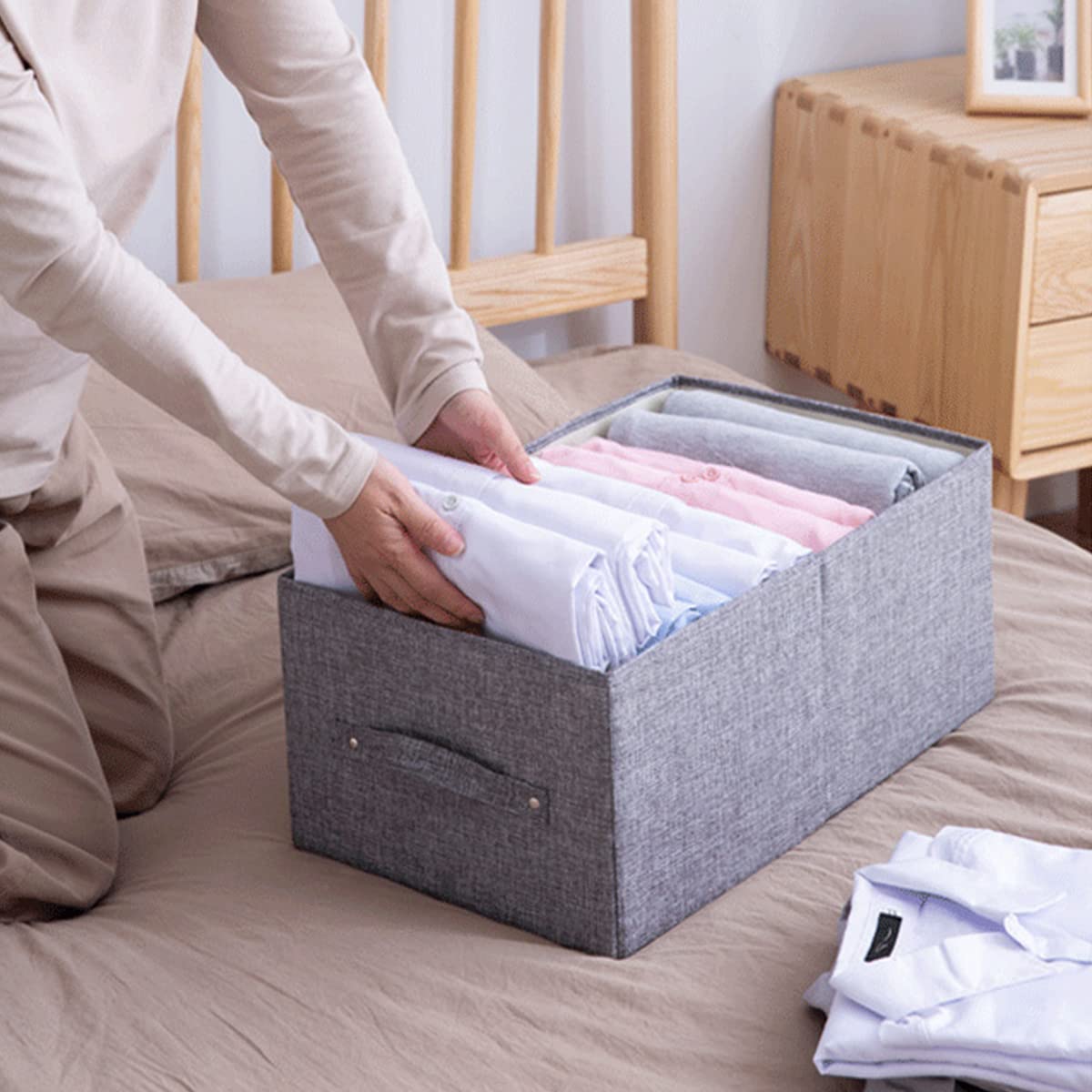 Foldable Cotton Linen Closet Storage Box with Handle - Washable Drawer Organizer for Underwear, Scarves, Dress Pants & T-Shirts (Grey, Large) - Perfect for Bedroom, Closet & Travel Storage Organization
