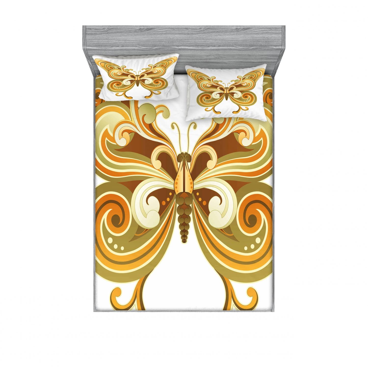 Ambesonne Modern 2-Pack Full Size Fitted Sheet & Pillow Sham Set - Macro Butterfly Design, 4-Piece Bedding Decor in Cinnamon Marigold Sepia | Includes 2 Fitted Sheets & 4 Pillow Covers | Perfect for Guest Rooms, Dorms & Cozy Bedroom Makeovers