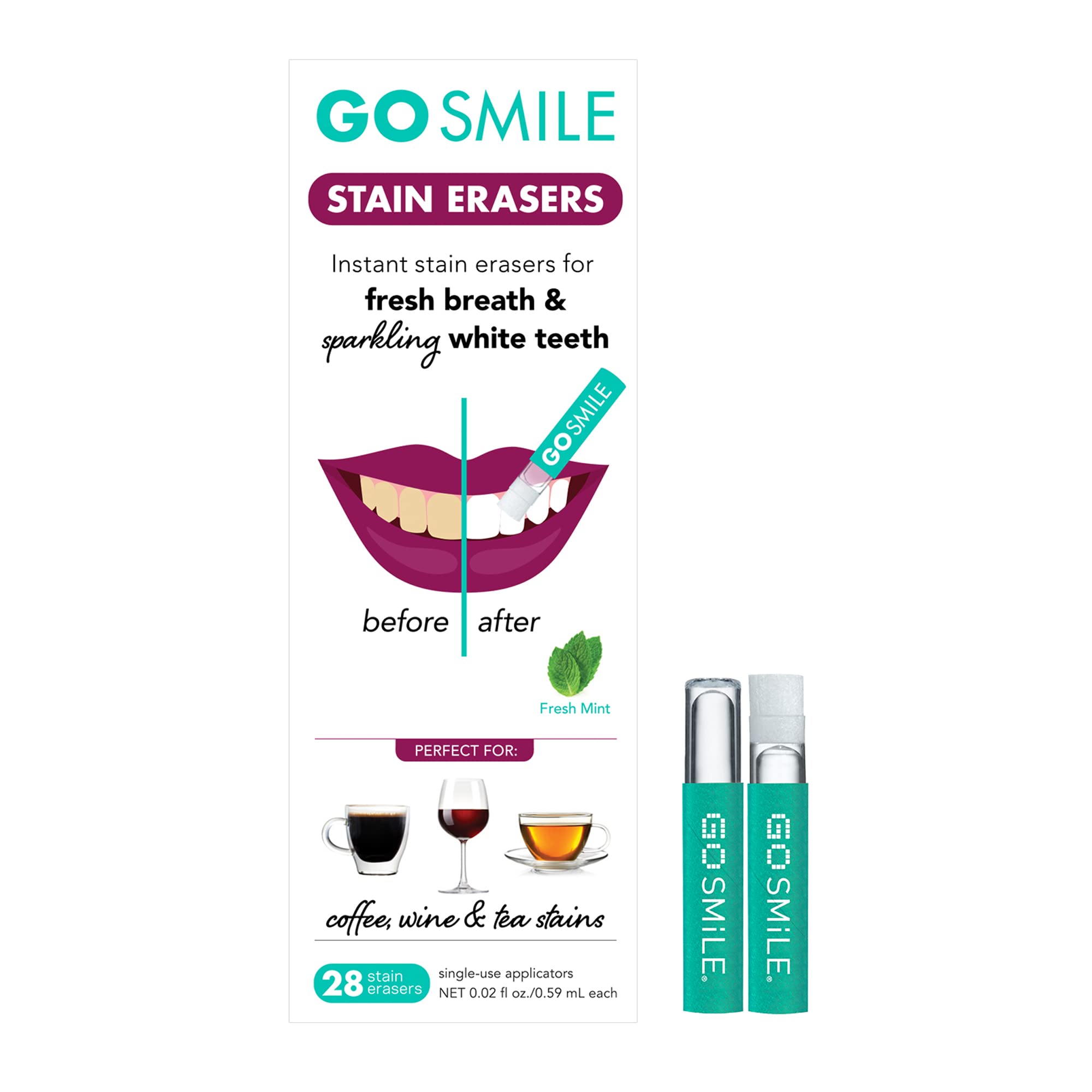 GO SMILE Teeth Whitening Stain Erasers - Travel Size Pack of 28 Oral Swabs with Enamel-Safe Whitening Gel | Sugar-Free Mint Dental Cleaning for Instant Stain Removal & Whiter Teeth | Perfect for Travel, On-the-Go Whitening & Coffee/Wine Stain Prevention