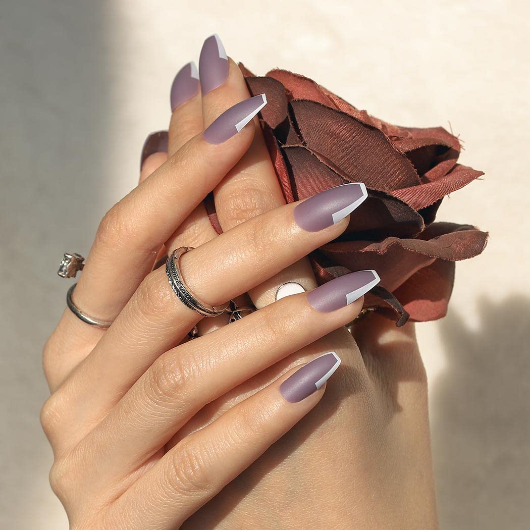 24Pcs Matte Ballerina Long False Nails - Coffin Purple French Tip Acrylic Nail Tips for Women | Full Cover Salon Quality Fake Nails | Perfect for Parties, Weddings & Special Occasions
