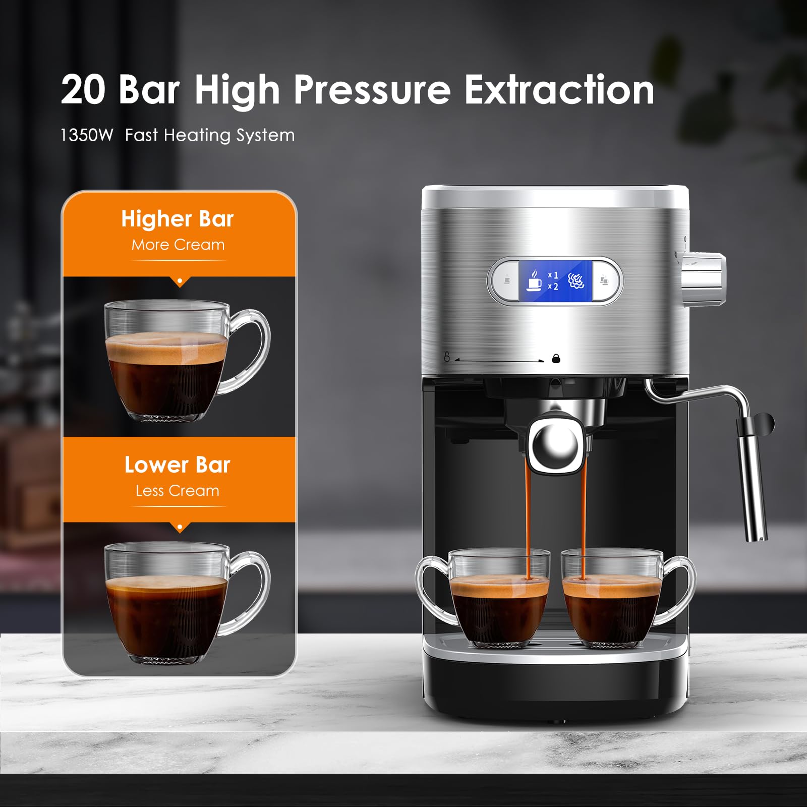 COWSAR 20 Bar Semi-Automatic Espresso Machine with Milk Frother Steam Wand, 45OZ Removable Water Tank - Perfect for Making Cappuccino, Latte, and Espresso at Home or Office