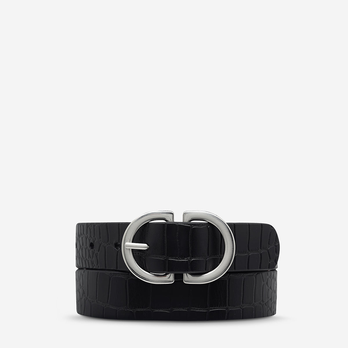 Reverse Buckle Belt - Black Crocodile Embossed Leather with Silver Hardware | Stylish & Durable for Casual, Business & Formal Occasions