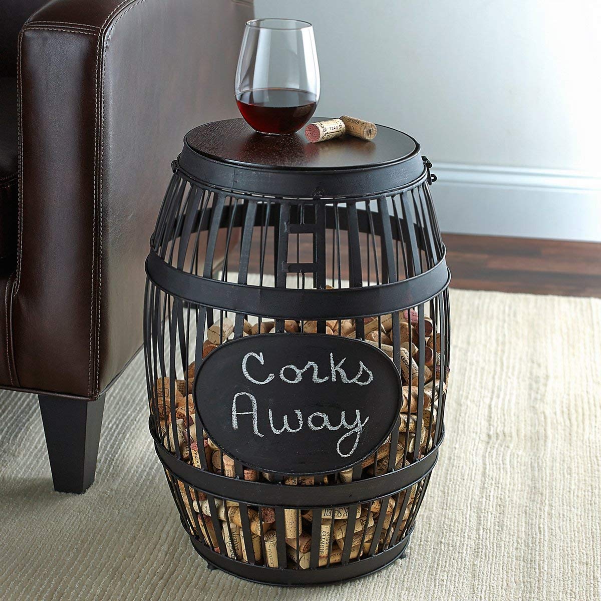 Wine Enthusiast Barrel Cork Catcher Side Table - Rustic Metal & Wood Accent Table for Storing 500 Wine Corks - Perfect for Wine Cellars, Tasting Rooms & Home Bars