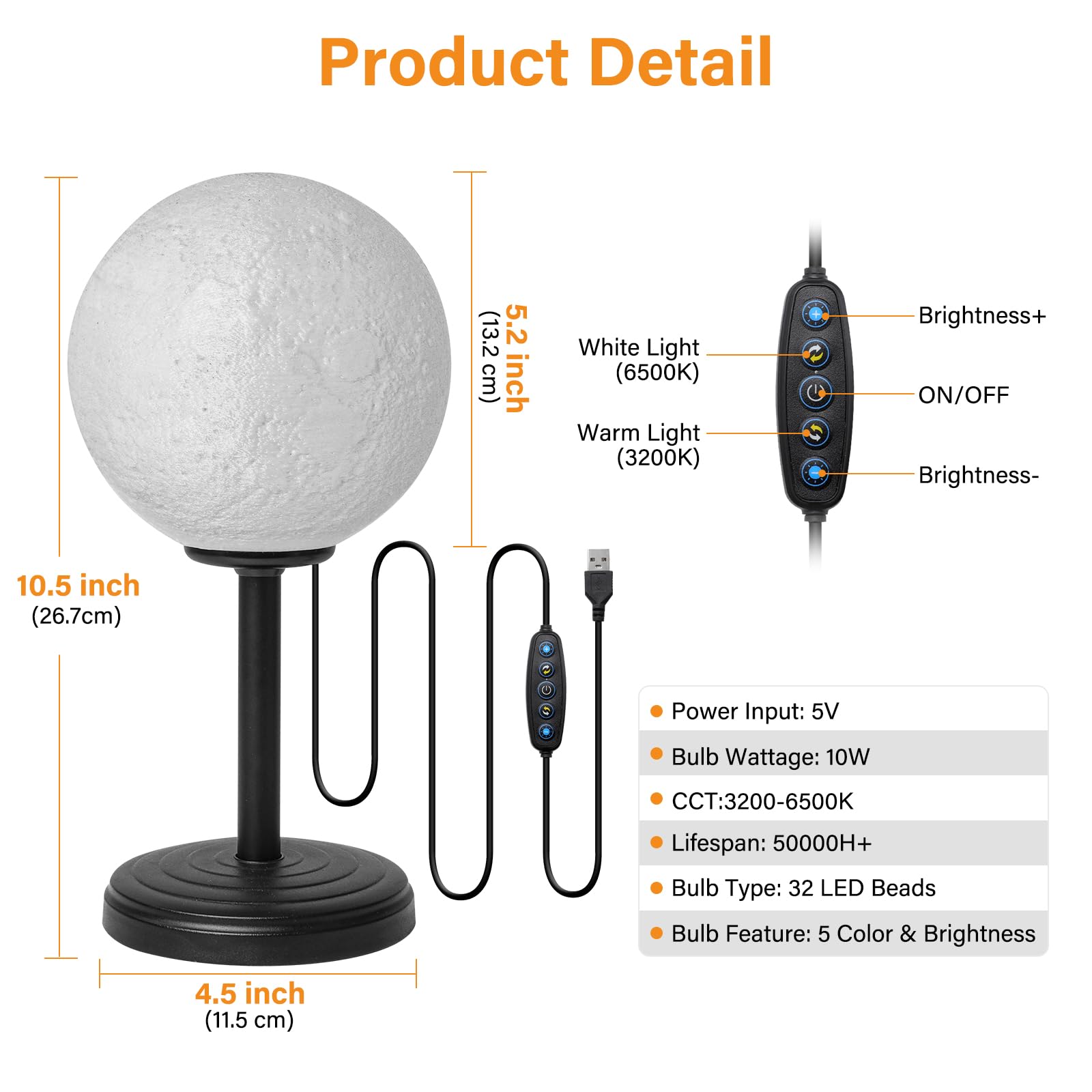 3D Printed Moon Lamp LED Night Light - Dimmable Bedside & Desk Lamp with 25 Lighting Modes, Realistic Moon Surface - Perfect for Kids Room, Nursery, Bedroom Decor, Birthday Gift for Girls & Boys