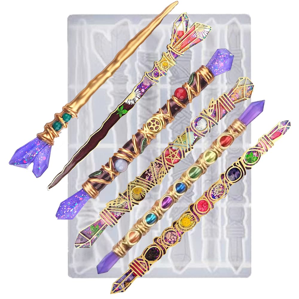 6-Piece Silicone Witch Wand Resin Molds Set - Crystal Stick Molds for Epoxy Resin Casting, DIY Craft, Party Decorations - Perfect for Halloween, Cosplay, Witch-Themed Parties & Unique Handmade Gifts