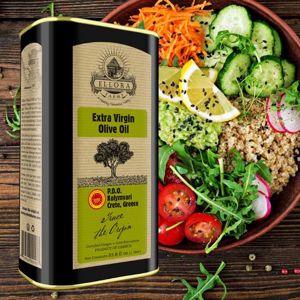 Ellora Farms Greek Extra Virgin Olive Oil - Certified Single Estate PDO, Traceable, Harvested in Crete, Kosher Certified, 1L x 3 Tins (101.4 Fl Oz) - Perfect for Cooking, Salad Dressings & Gourmet Recipes