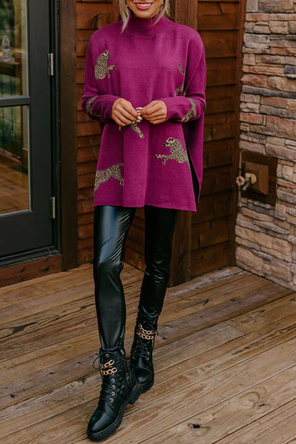 Cozy and Kind Leopard Print Split Side Relaxed Fit Sweatshirt - Perfect for Casual Outings, Lounge Wear, and Street Style Fashion