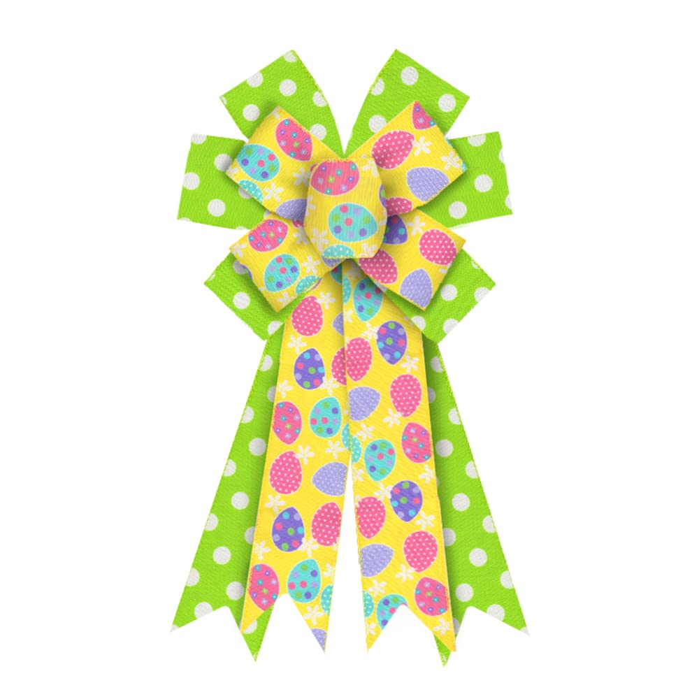 Easter Wreath Bows - Yellow Green Spots Burlap Ribbon for Wreaths & Easter Tree Decorations - Indoor/Outdoor Use