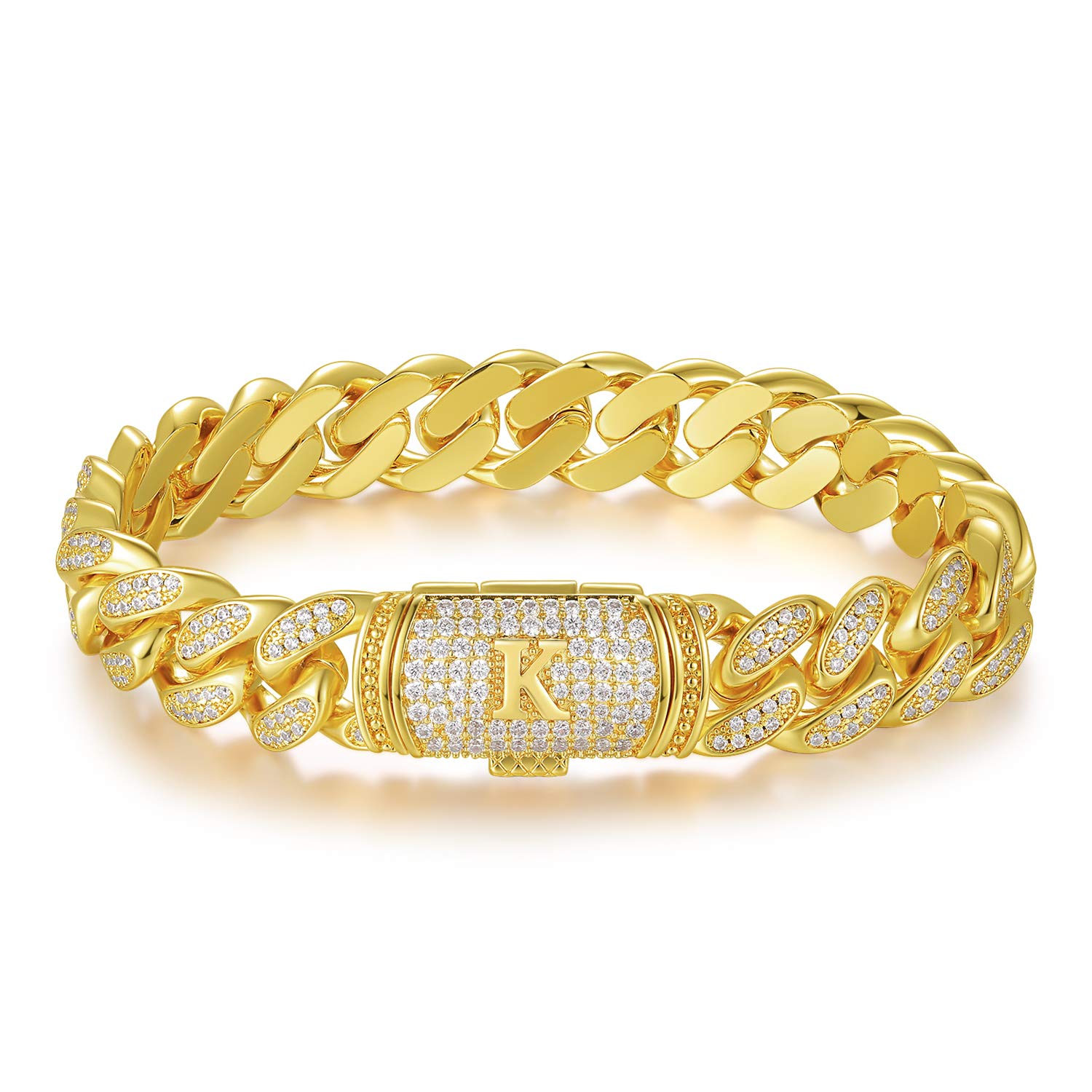 ETEVON 14K Gold Plated Cuban Link Initial Bracelet for Men - Hip Hop Jewelry Gift for Boyfriend, Husband, Son, Dad - Birthday, Christmas, Anniversary, Valentine's Day Gift - Diamond Accent Chain Bracelet for Casual Wear, Night Out, Special Occasions