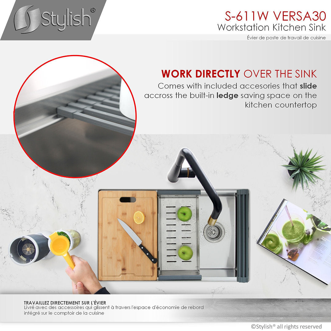 VERSA30 S 611W 30-Inch Undermount Stainless Steel Kitchen Sink - Single Bowl Workstation with Drainboard & Accessories - Perfect for Modern Kitchens, Restaurants & Food Prep Areas