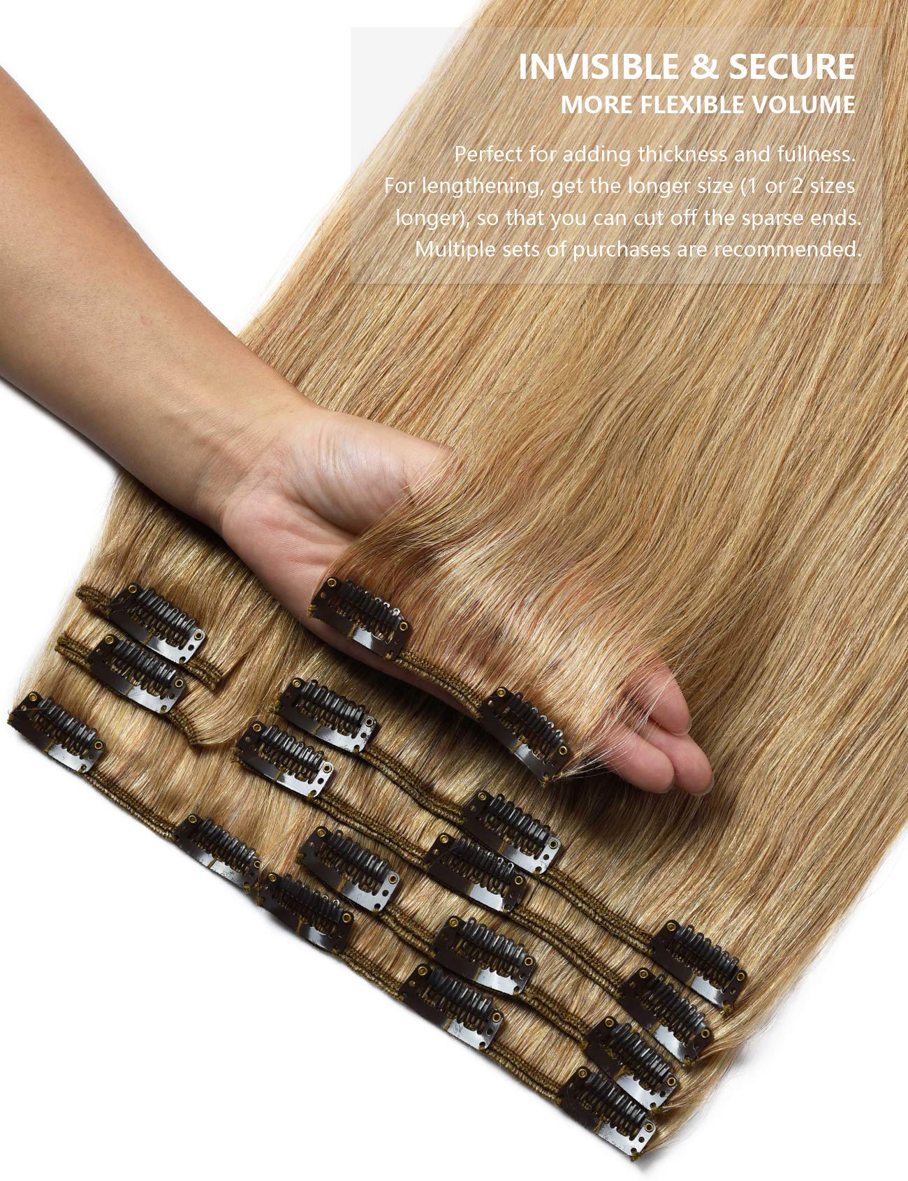 Rose Bud Clip-in Hair Extensions 8Pcs - 100% Remy Human Hair, 18 Clips, 65g/Set, 16 Inch Dark Blonde for Volume & Length - Perfect for Weddings, Parties & Daily Styling