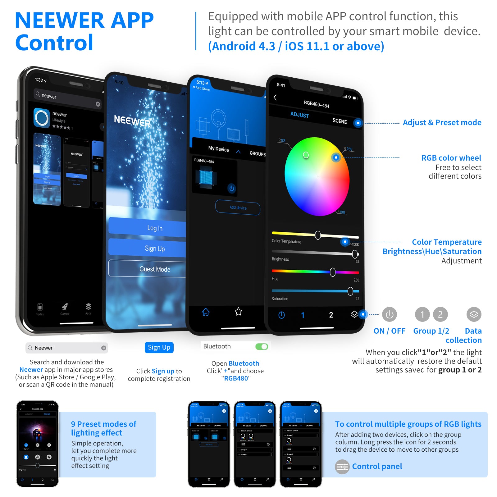 NEEWER 2 Pack RGB480 Smart LED Light Panel with APP Control - Dimmable 480 LED Video Light for Photography, YouTube, TikTok, Live Streaming