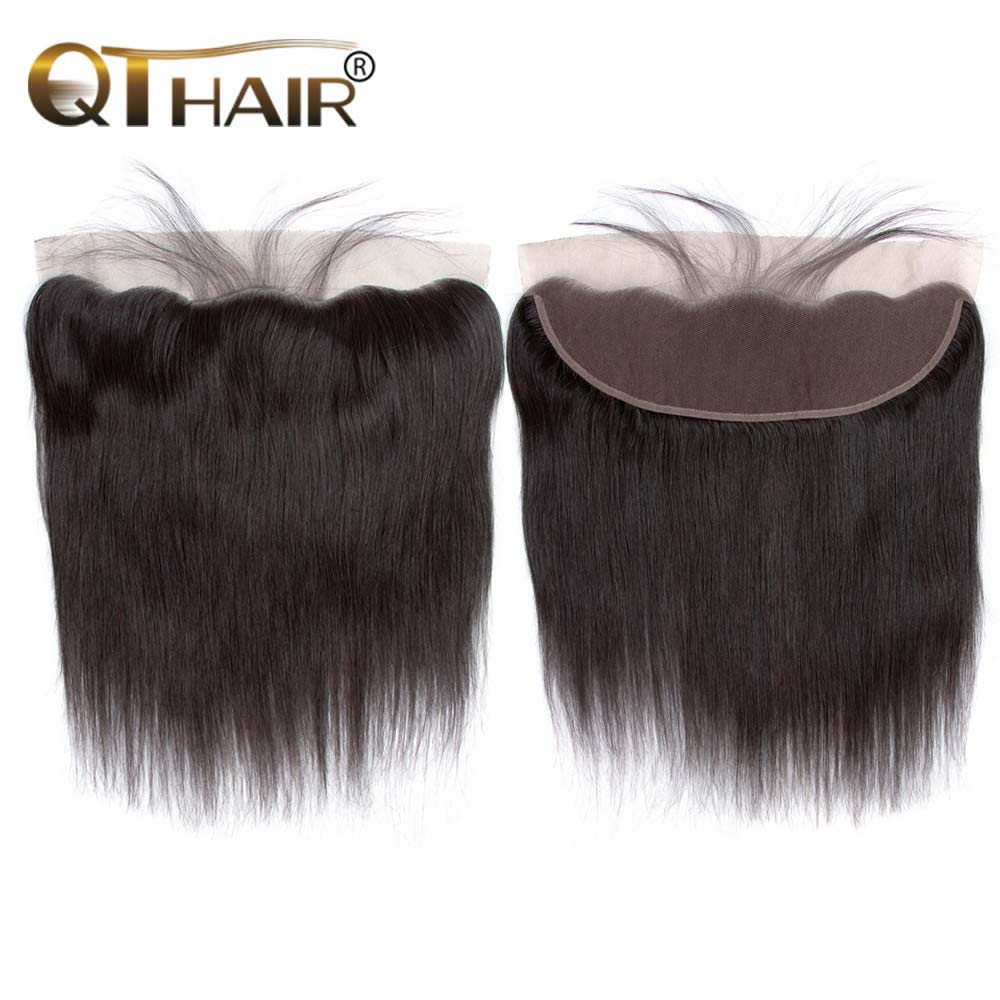QTHAIR 14A Grade Brazilian Straight Human Hair Bundles with Lace Frontal - 100% Unprocessed Virgin Hair (12
