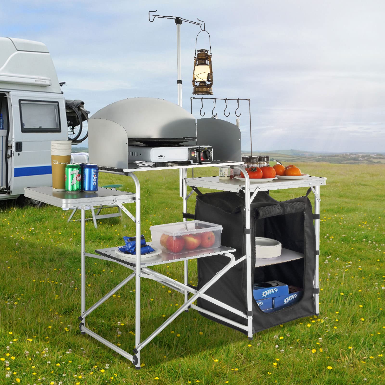 VEVOR Aluminum Portable Camping Kitchen Table - Foldable Outdoor Cook Station with Windscreen, Storage Organizer & Carrying Bag - Perfect for Camping, Picnics, Beach BBQs, RV Travel & Outdoor Adventures