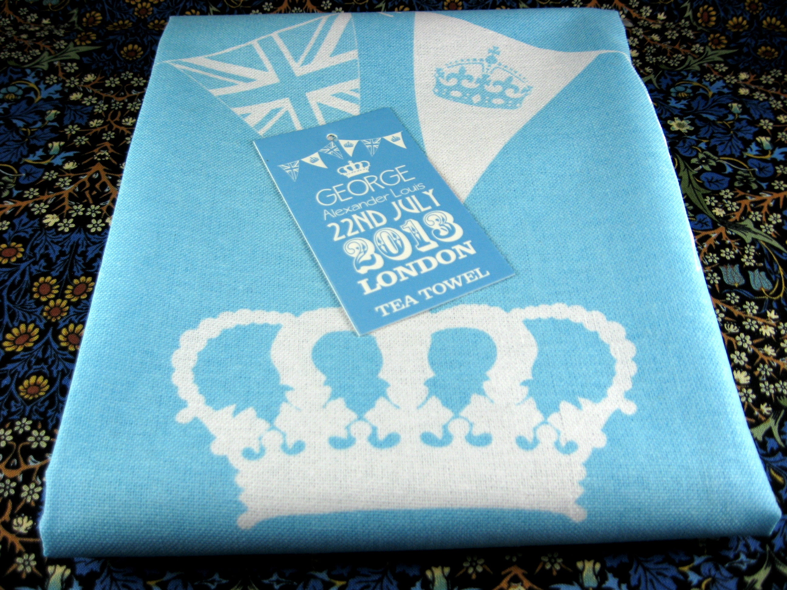 Prince George Birth Commemorative Tea Towel - Blue and White Design 2013 - Perfect for Royal Family Fans, Baby Showers & British Themed Parties