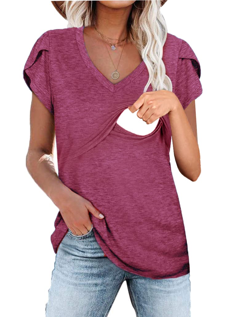 Women's V-Neck Knitted Nursing T-Shirt with Petal Sleeves | Soft Breastfeeding Top for Moms | Perfect for Nursing, Lounging & Everyday Wear