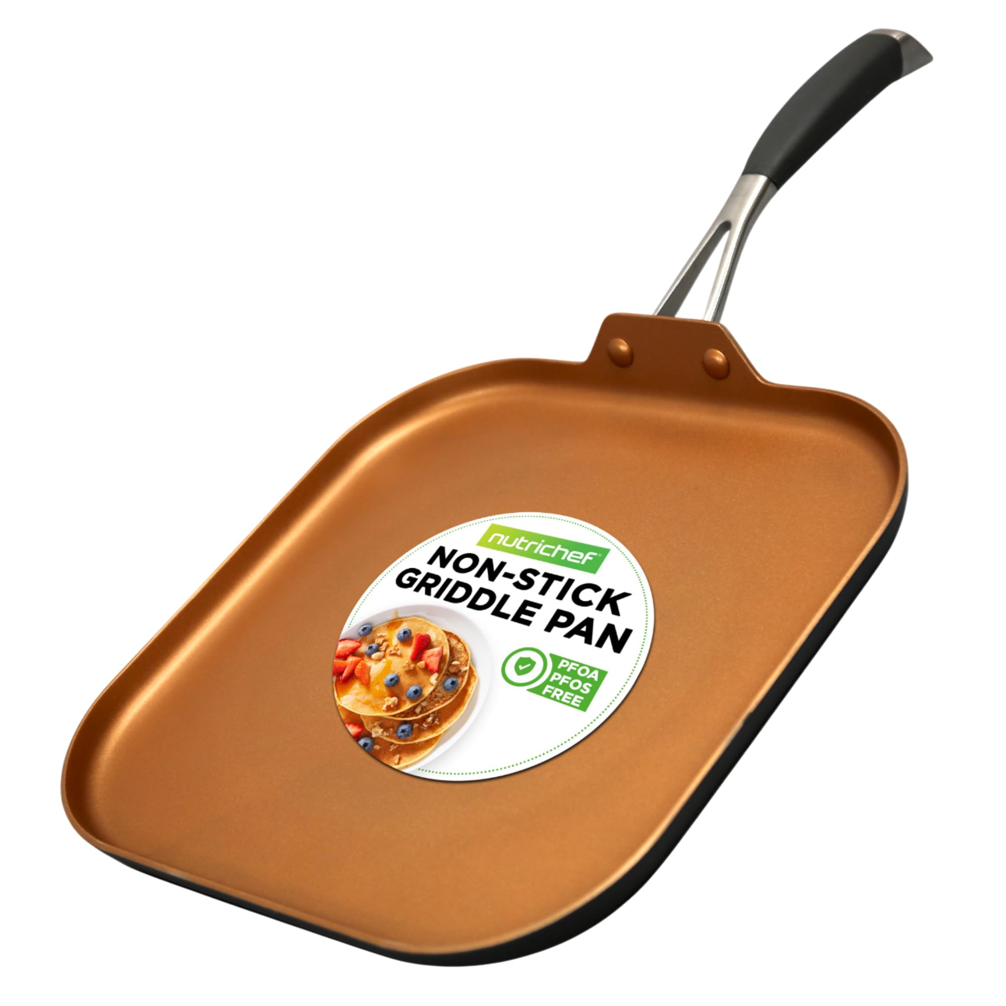 NutriChef Non-Stick Copper Frying Pan with Hard-Anodized Exterior & Heat-Resistant Silicone Handle - 1 Griddle for Perfect Pancakes, Eggs & Steaks - Ideal for Home Cooking, Camping & Outdoor BBQ